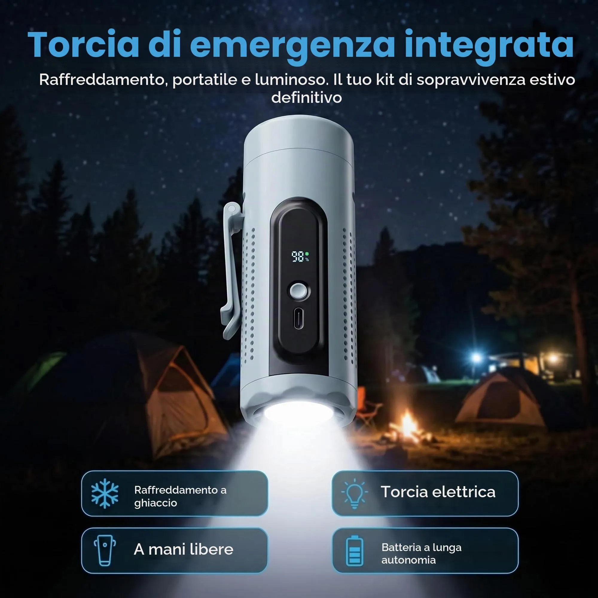 LUCYLANKER Mini Ventilatore Portatile 3 in 1 con Piastra Raffreddante, 5 Velocità, Display LED, USB-C, Clip, Supporto e Torcia, Blu - immagine 8