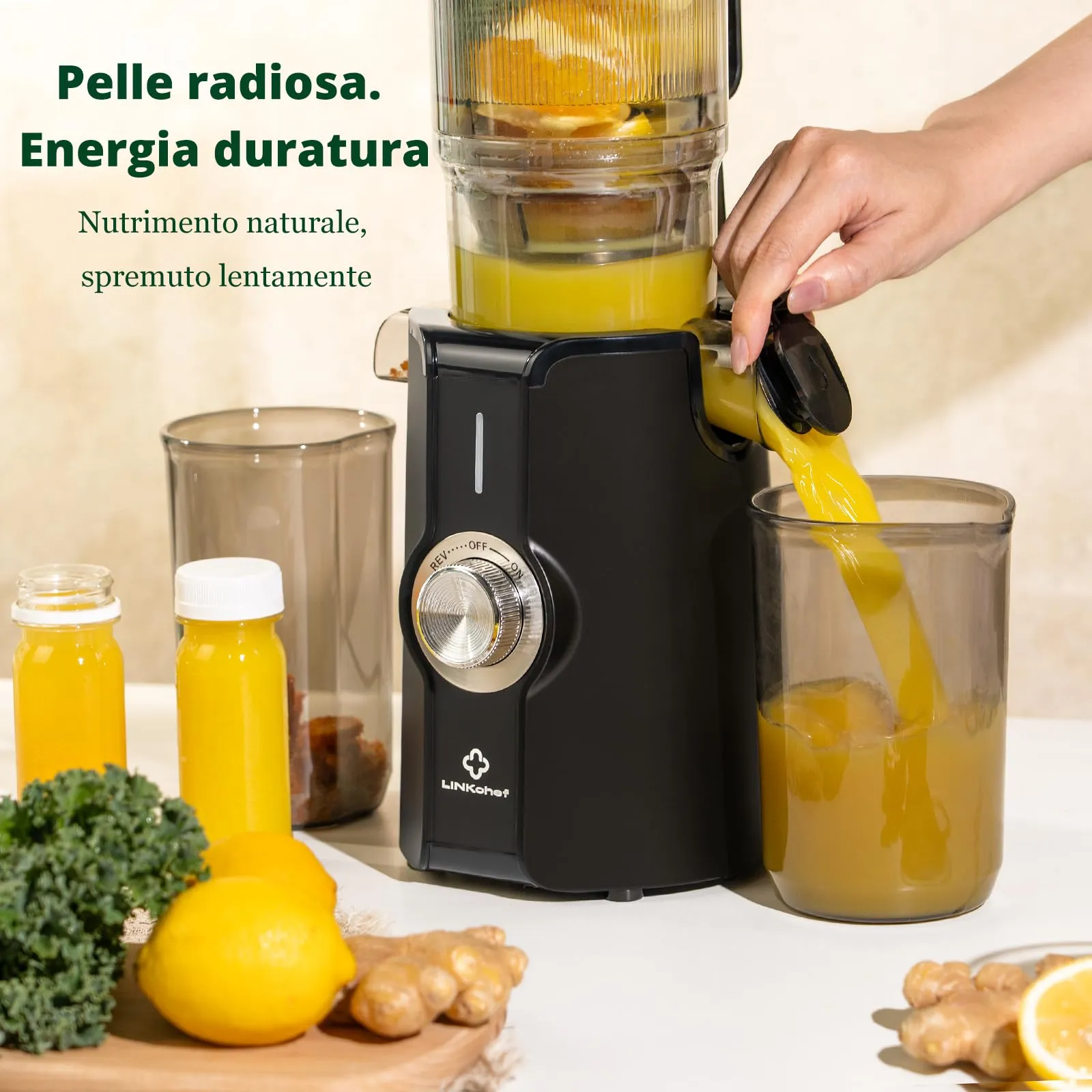 LINKChef Estrattore di Succo a Freddo, Slow Juicer per Frutta e Verdura, Apertura 115mm, 1.2L, 200W - immagine 9