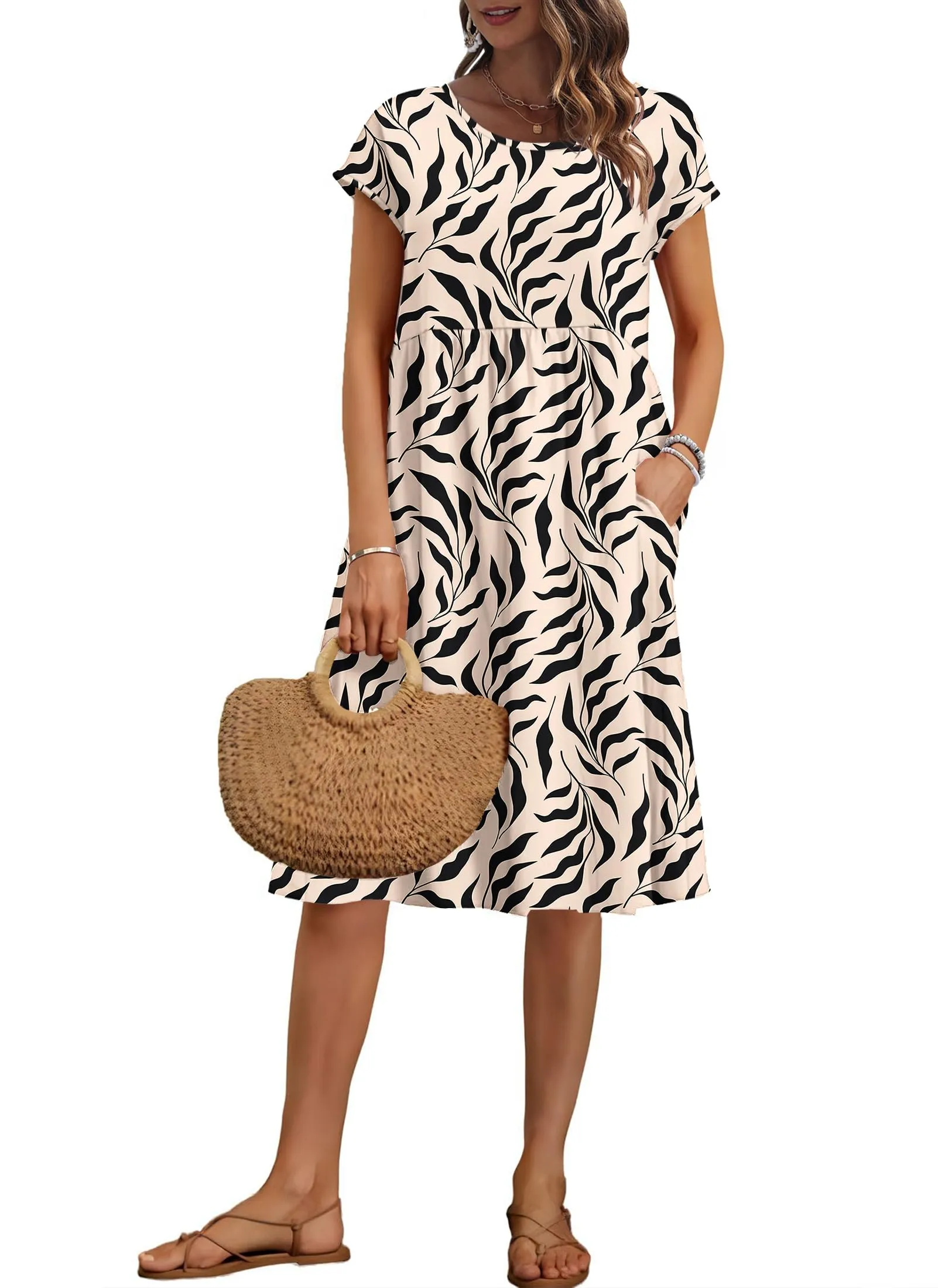 AUSELILY Vestito Estivo Donna Maniche Corte Abito al Ginocchio con Tasche - immagine 1