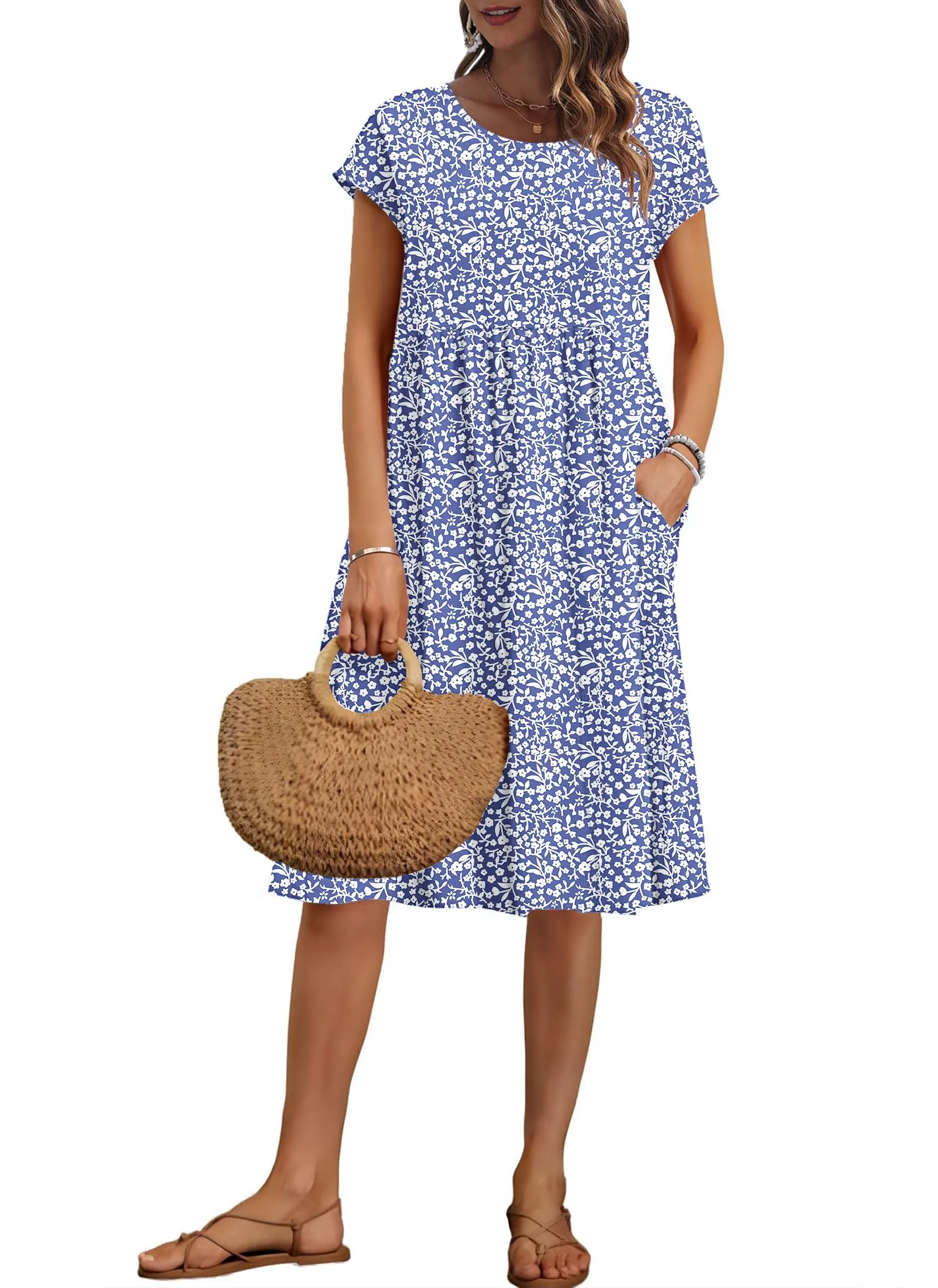 AUSELILY Vestito Estivo Donna Maniche Corte Abito al Ginocchio con Tasche - immagine 1