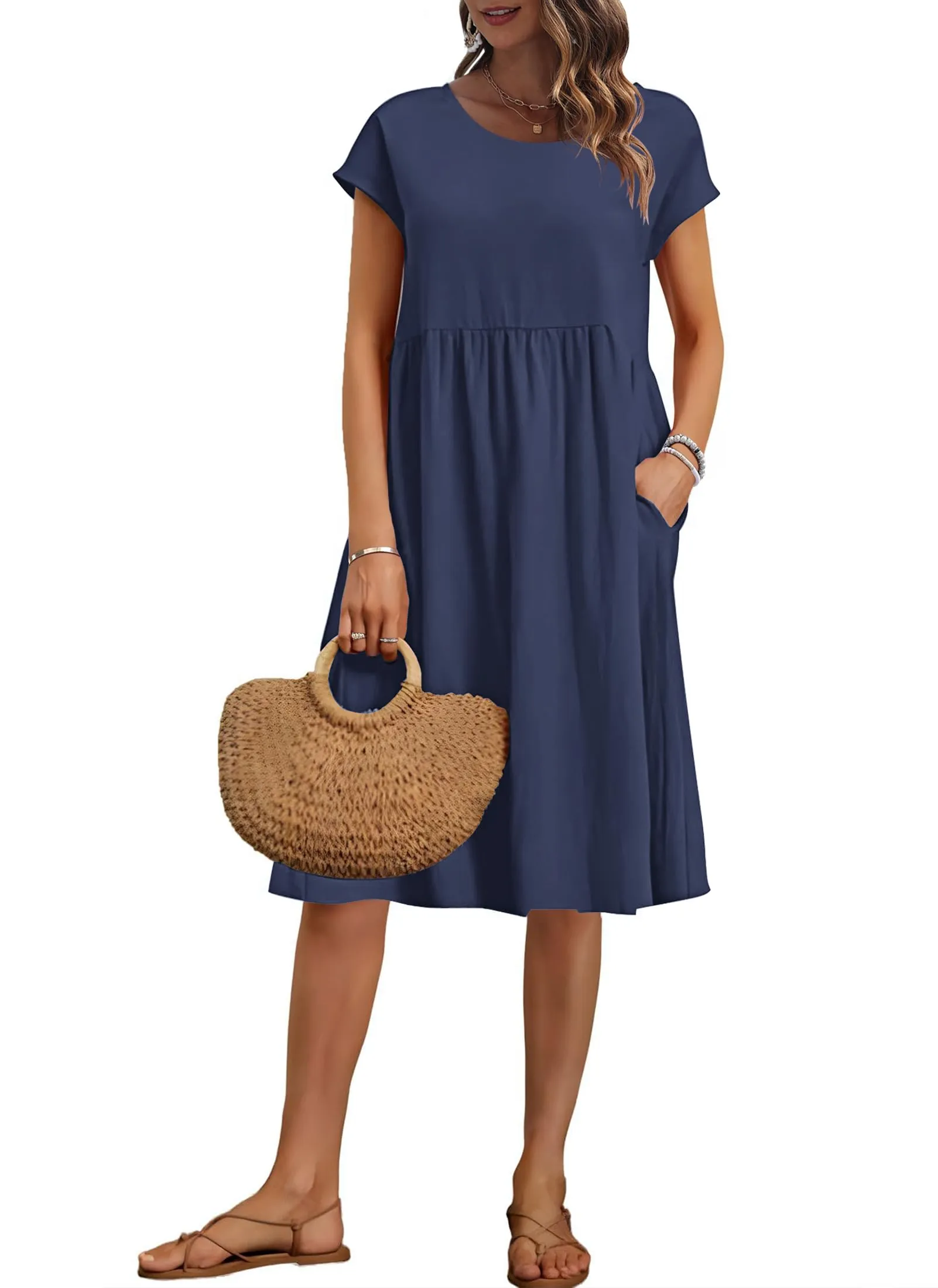 AUSELILY Vestito Estivo Donna Maniche Corte Abito al Ginocchio con Tasche - immagine 1