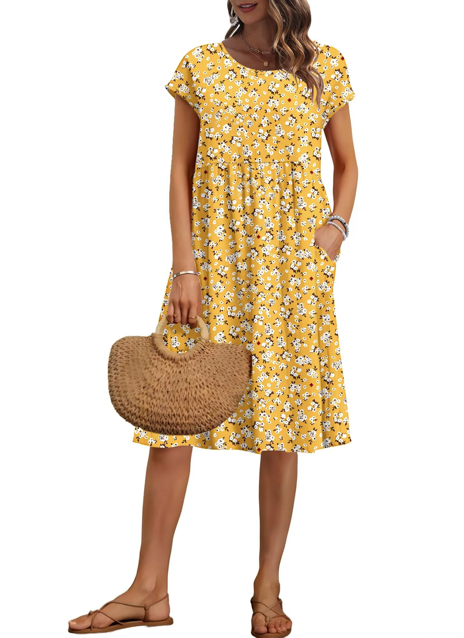 AUSELILY Vestito Estivo Donna Maniche Corte Abito al Ginocchio con Tasche - immagine 1