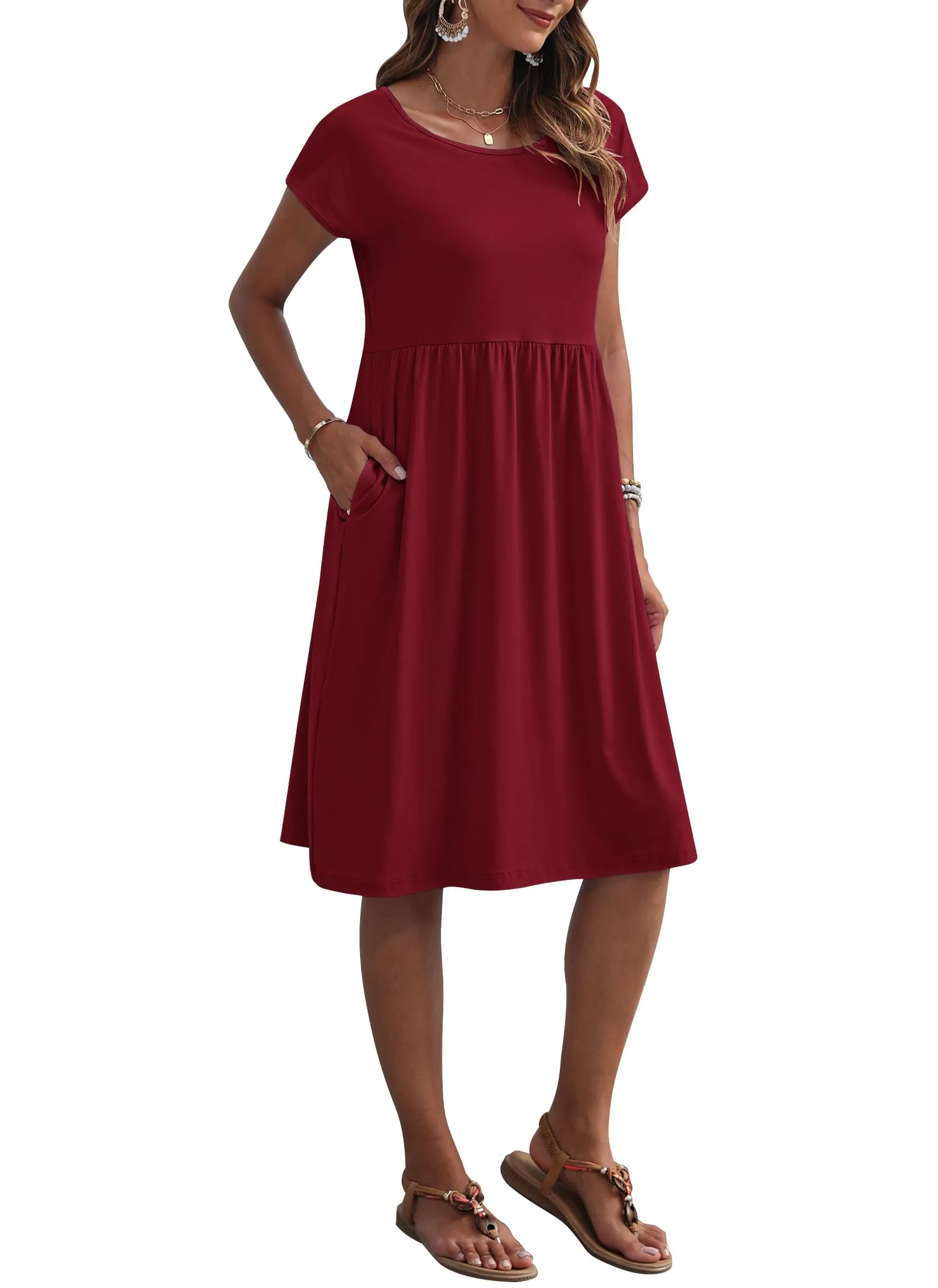 AUSELILY Vestito Estivo da Donna a Maniche Corte Casual al Ginocchio con Scollo a Girocollo e Tasche - immagine 2
