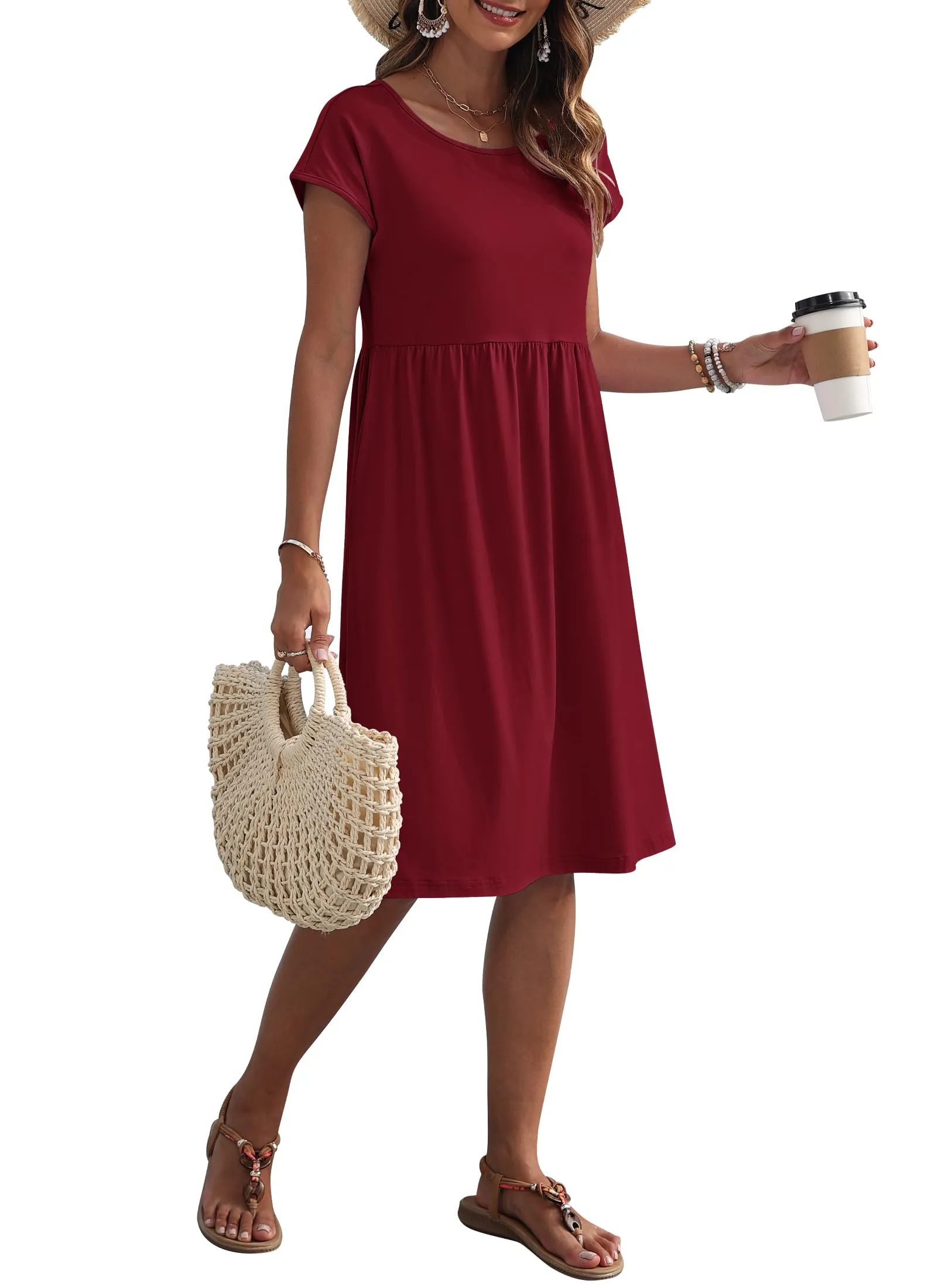 AUSELILY Vestito Estivo da Donna a Maniche Corte Casual al Ginocchio con Scollo a Girocollo e Tasche - immagine 4