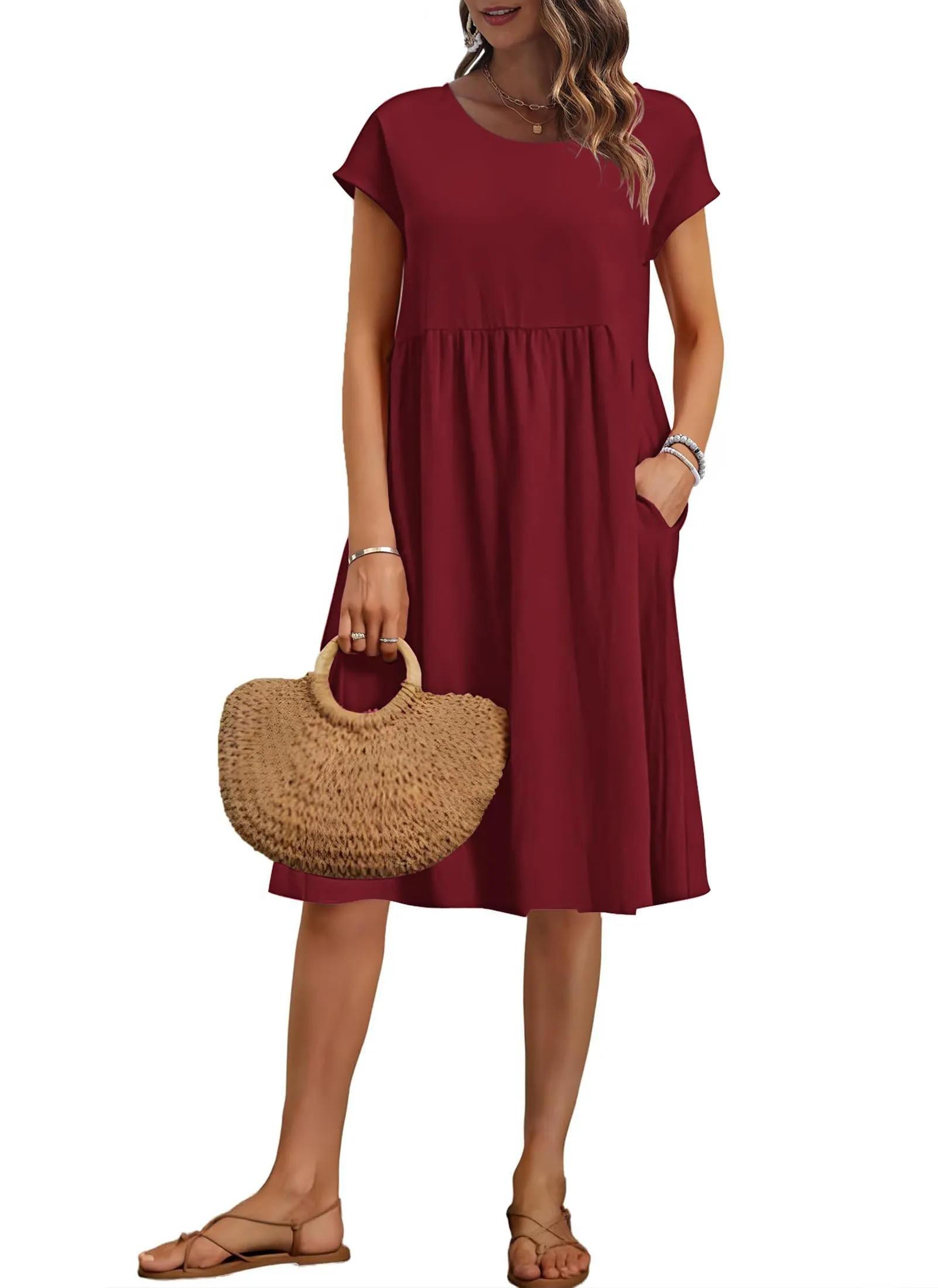 AUSELILY Vestito Estivo Donna Maniche Corte Abito al Ginocchio con Tasche - immagine 1