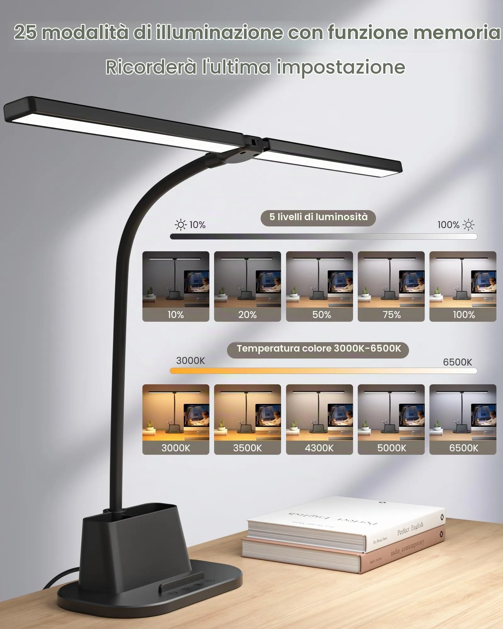 Ylatoial Lampada da Scrivania LED Doppia Testa LS65, 25 Modalità, 5 Temperature di Colore, Nero - immagine 2