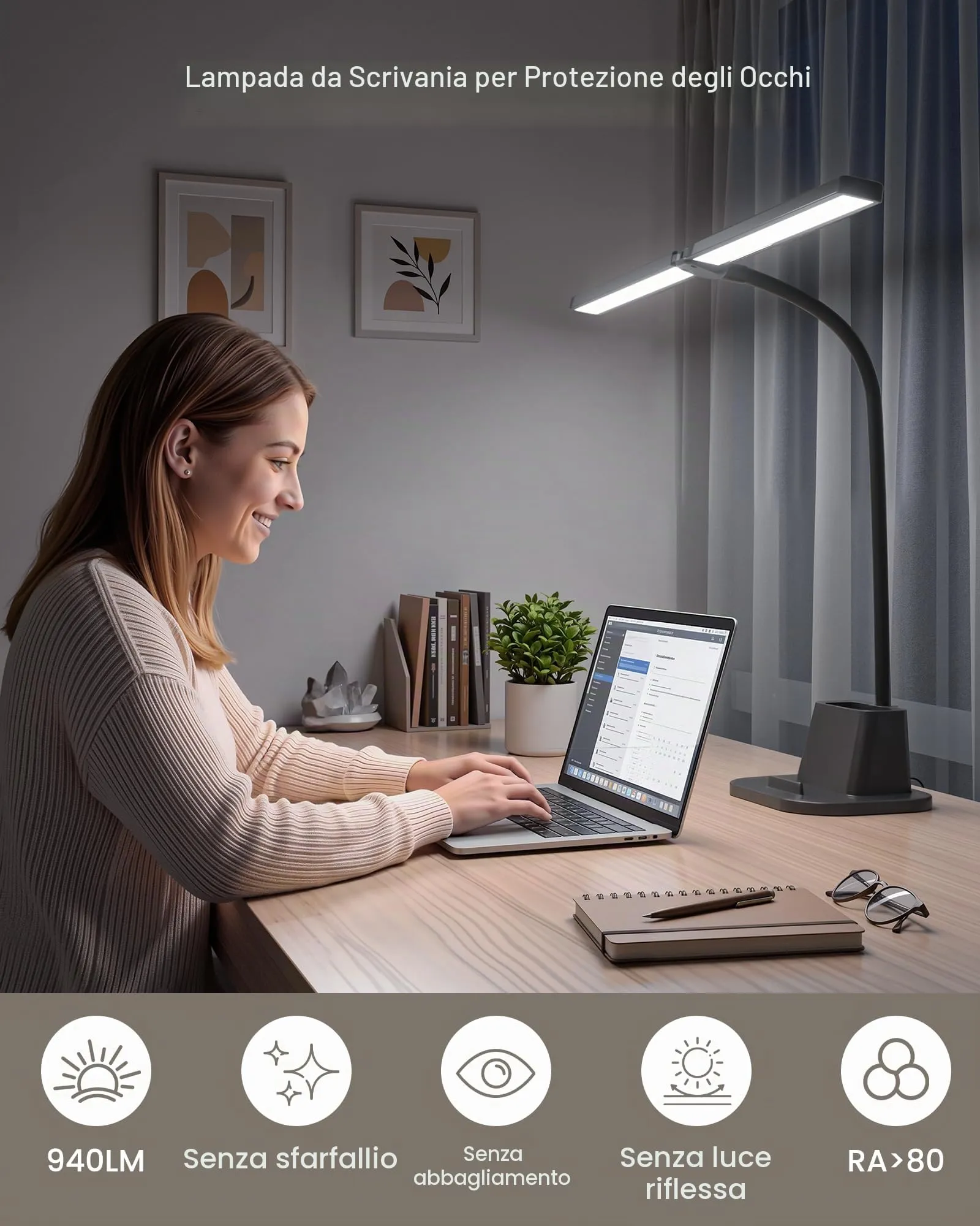 Ylatoial Lampada da Scrivania LED Doppia Testa LS65, 25 Modalità, 5 Temperature di Colore, Nero - immagine 3