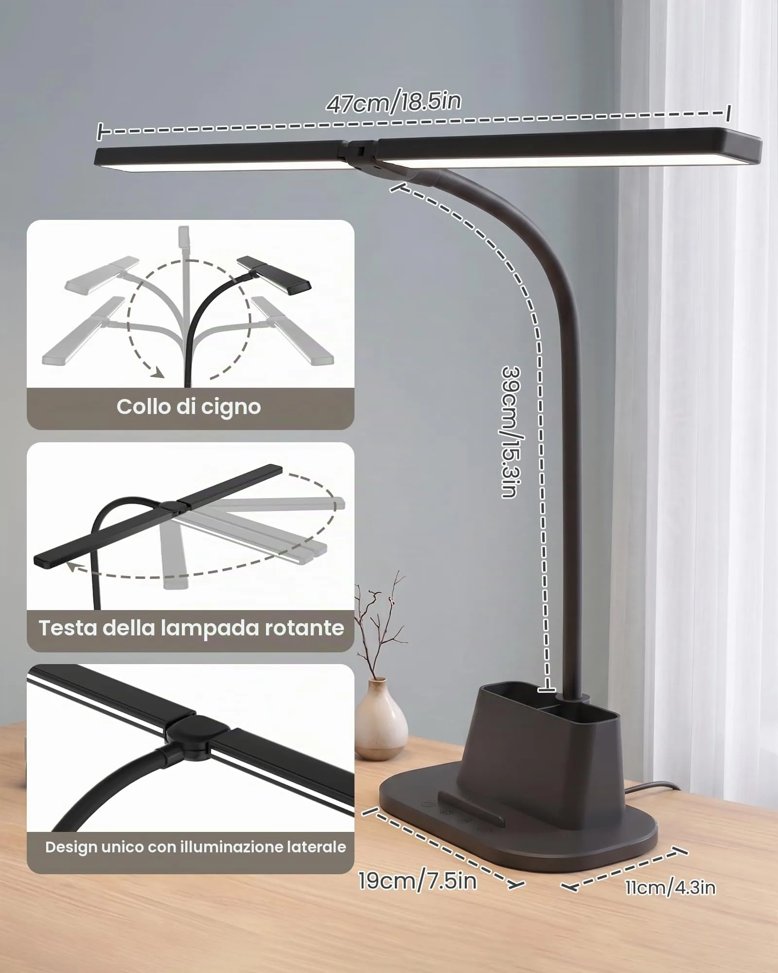 Ylatoial Lampada da Scrivania LED Doppia Testa LS65, 25 Modalità, 5 Temperature di Colore, Nero - immagine 6