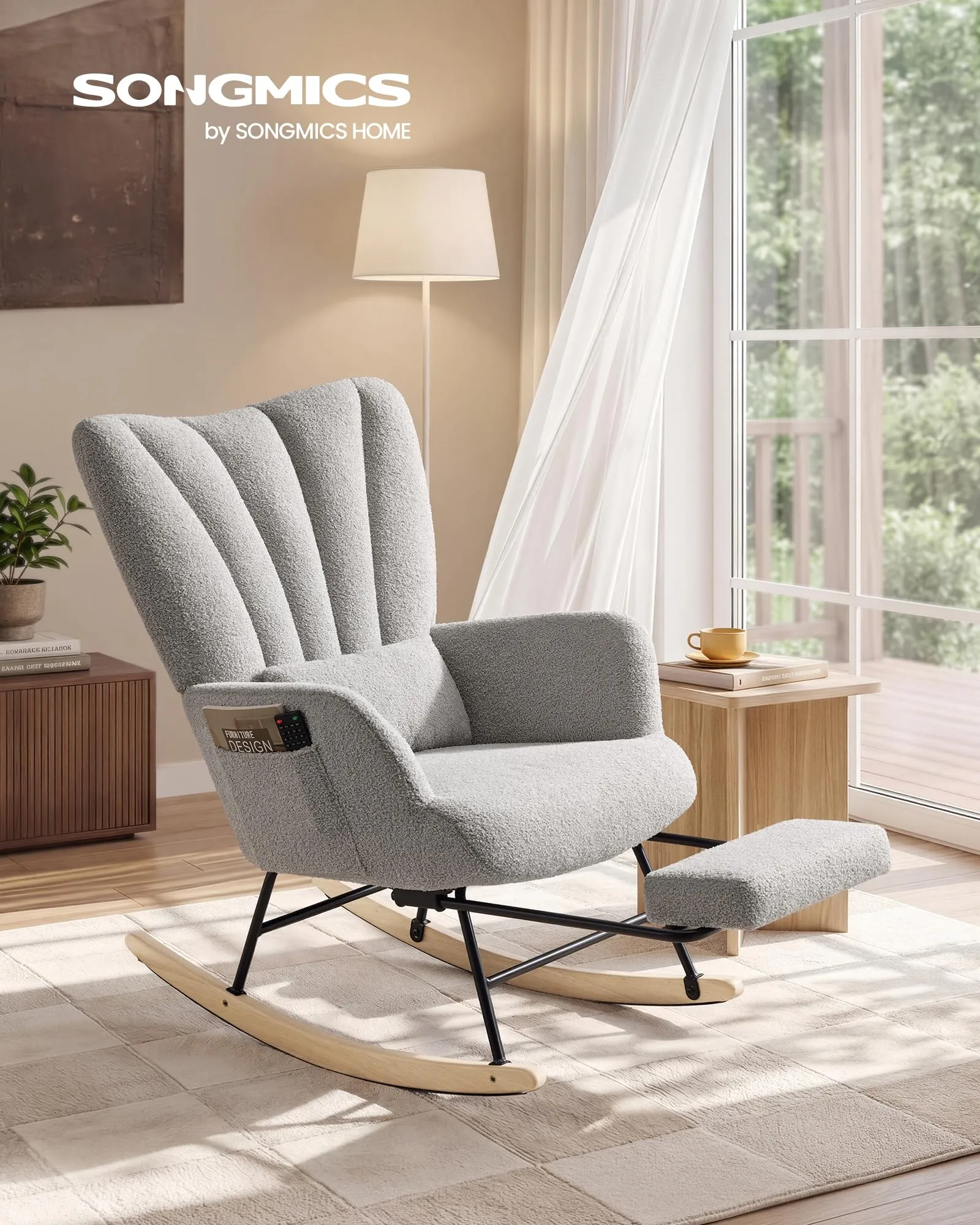 SONGMICS Sedia a Dondolo con Poggiapiedi Estraibile e Cuscino Rimovibile, Grigio Tortora LYY018G101 - immagine 2