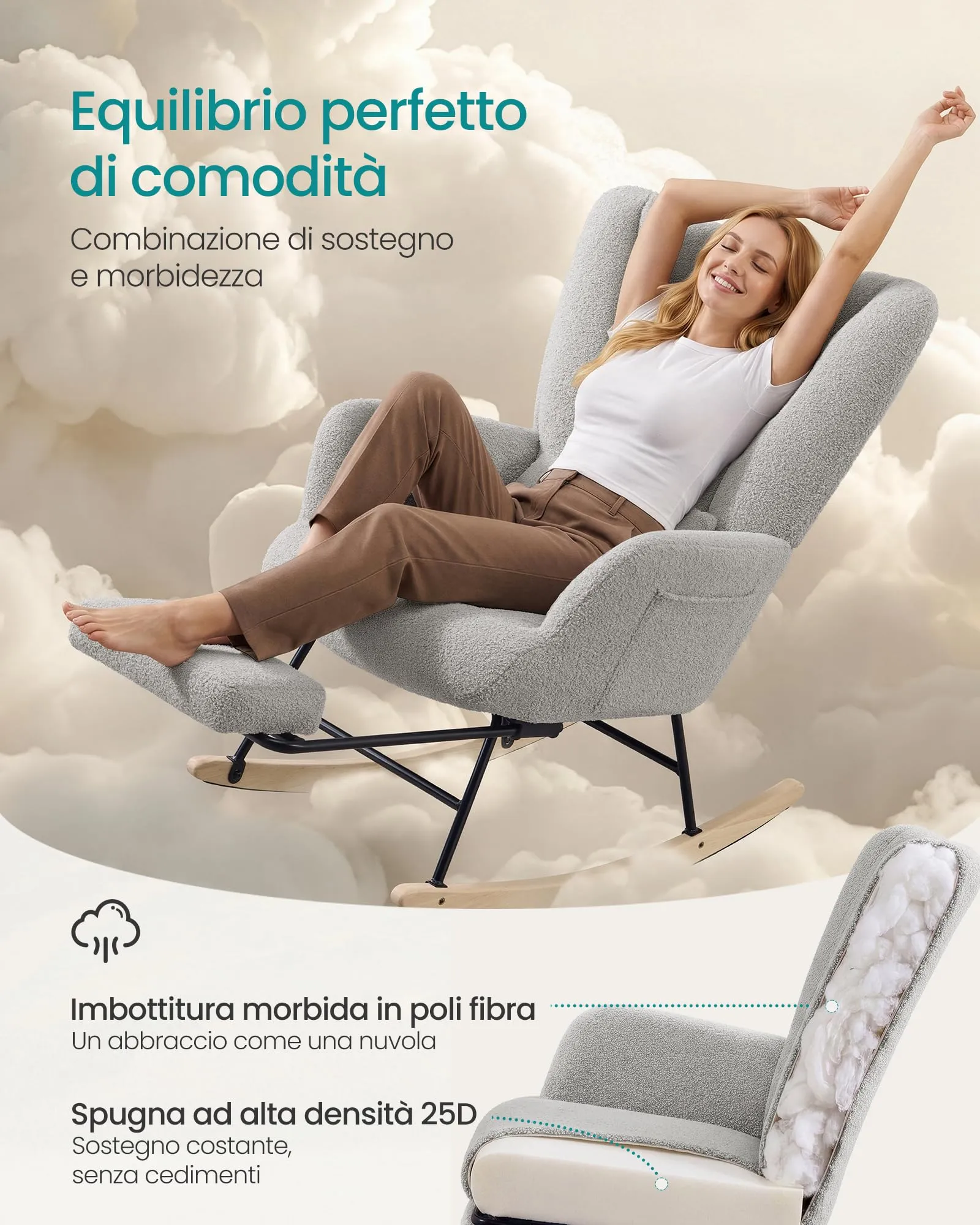 SONGMICS Sedia a Dondolo con Poggiapiedi Estraibile e Cuscino Rimovibile, Grigio Tortora LYY018G101 - immagine 3