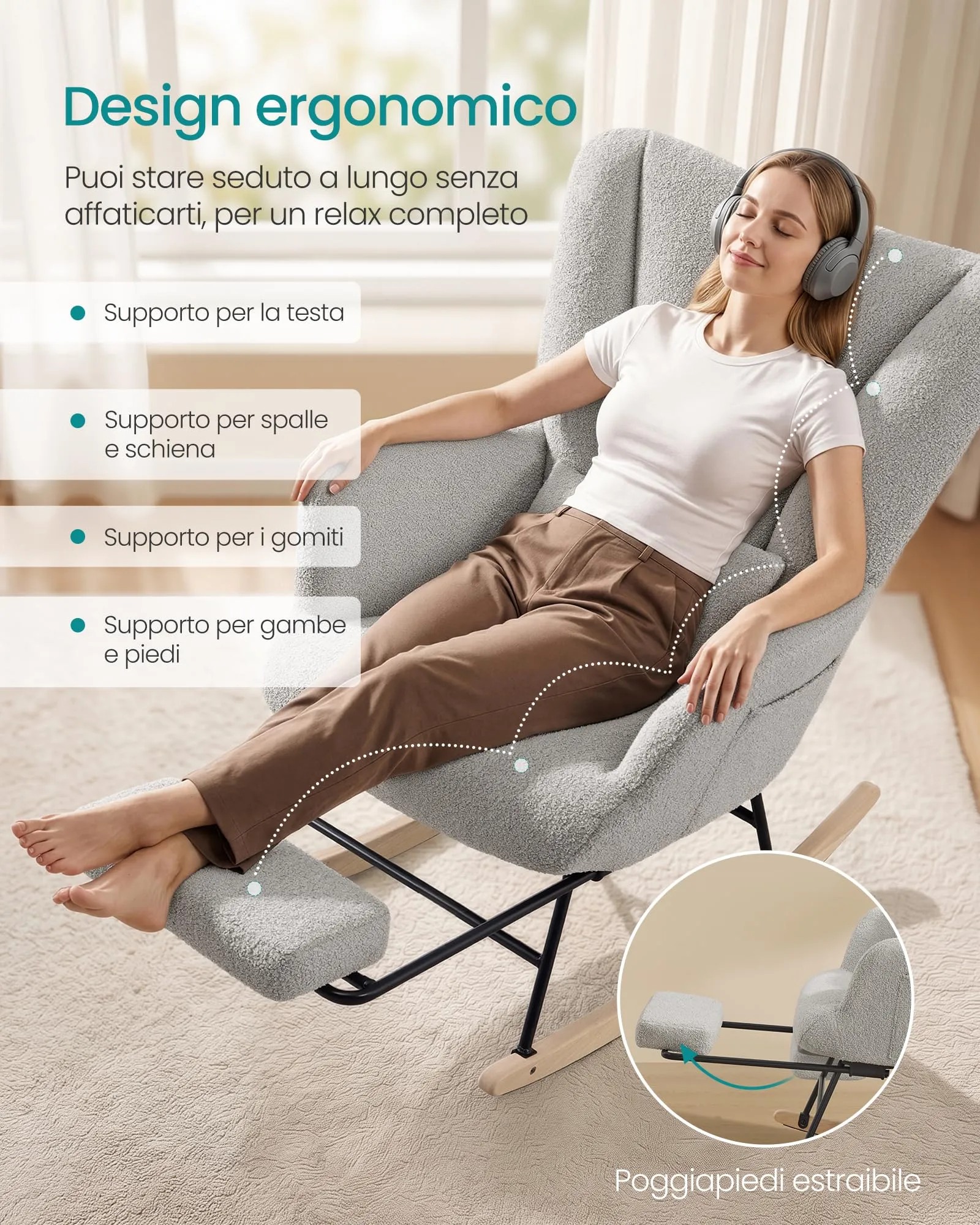 SONGMICS Sedia a Dondolo con Poggiapiedi Estraibile e Cuscino Rimovibile, Grigio Tortora LYY018G101 - immagine 4