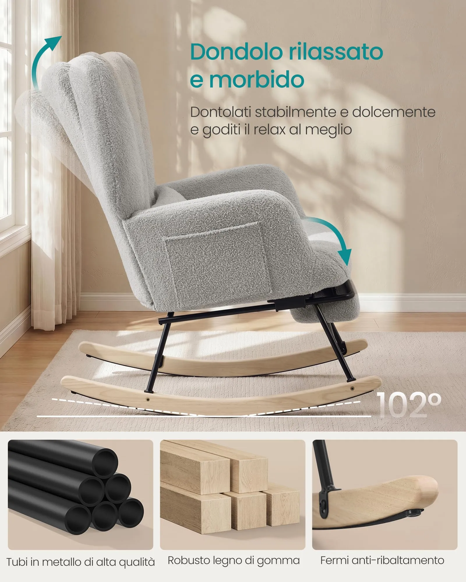 SONGMICS Sedia a Dondolo con Poggiapiedi Estraibile e Cuscino Rimovibile, Grigio Tortora LYY018G101 - immagine 5