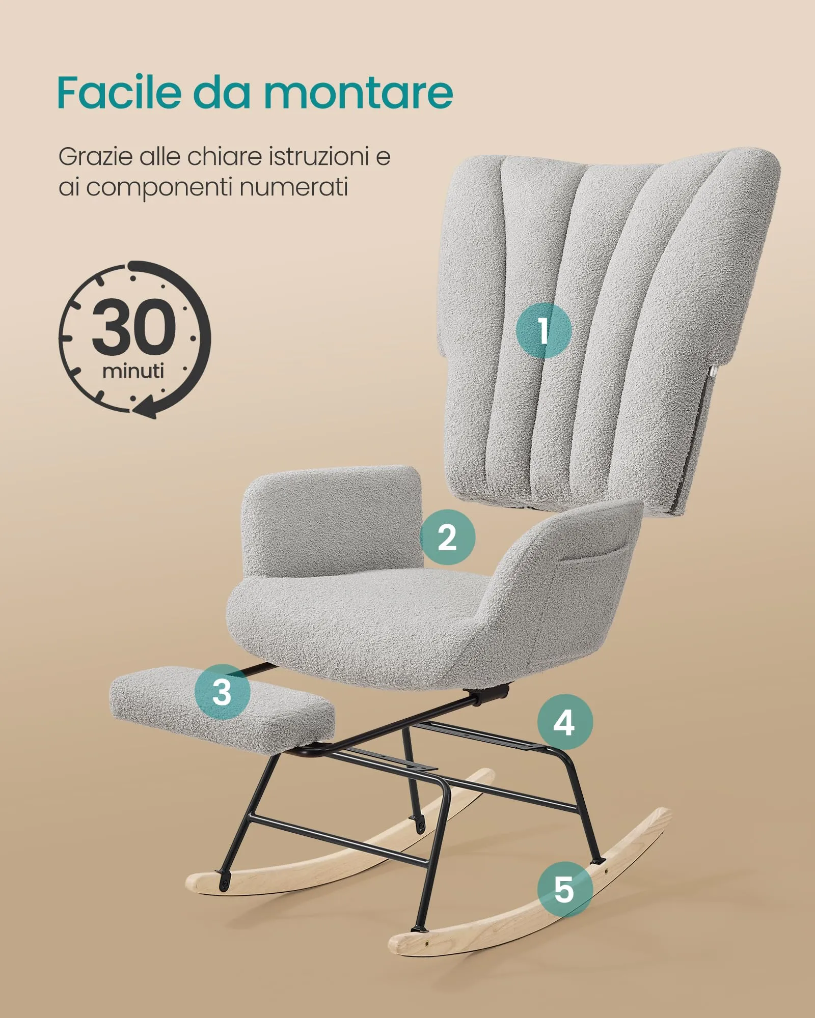 SONGMICS Sedia a Dondolo con Poggiapiedi Estraibile e Cuscino Rimovibile, Grigio Tortora LYY018G101 - immagine 6