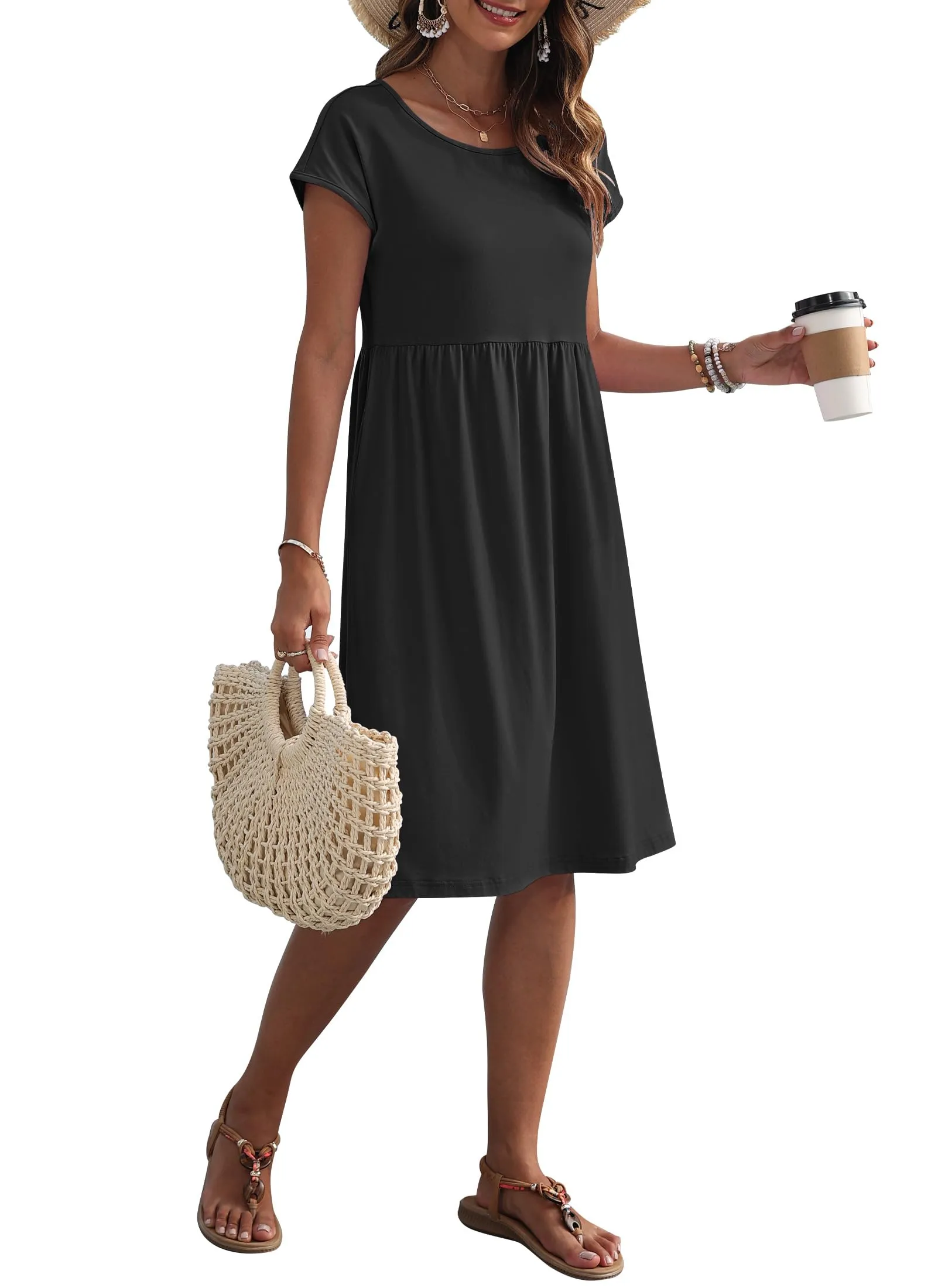 AUSELILY Vestito Estivo Donna Maniche Corte Abito al Ginocchio con Tasche - immagine 4