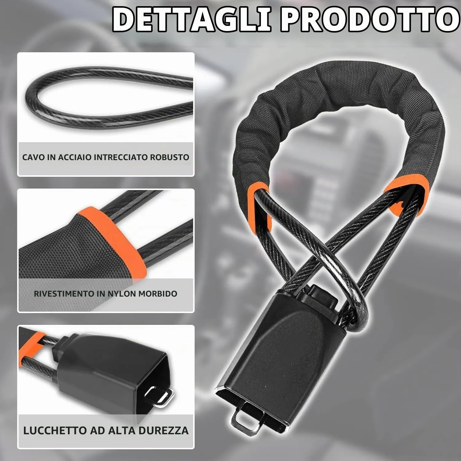 Neuytiky Bloccasterzo Auto Antifurto con Doppia Sicurezza, Cavo in Acciaio Rinforzato, 3 Chiavi, Universale (Nero) - immagine 3