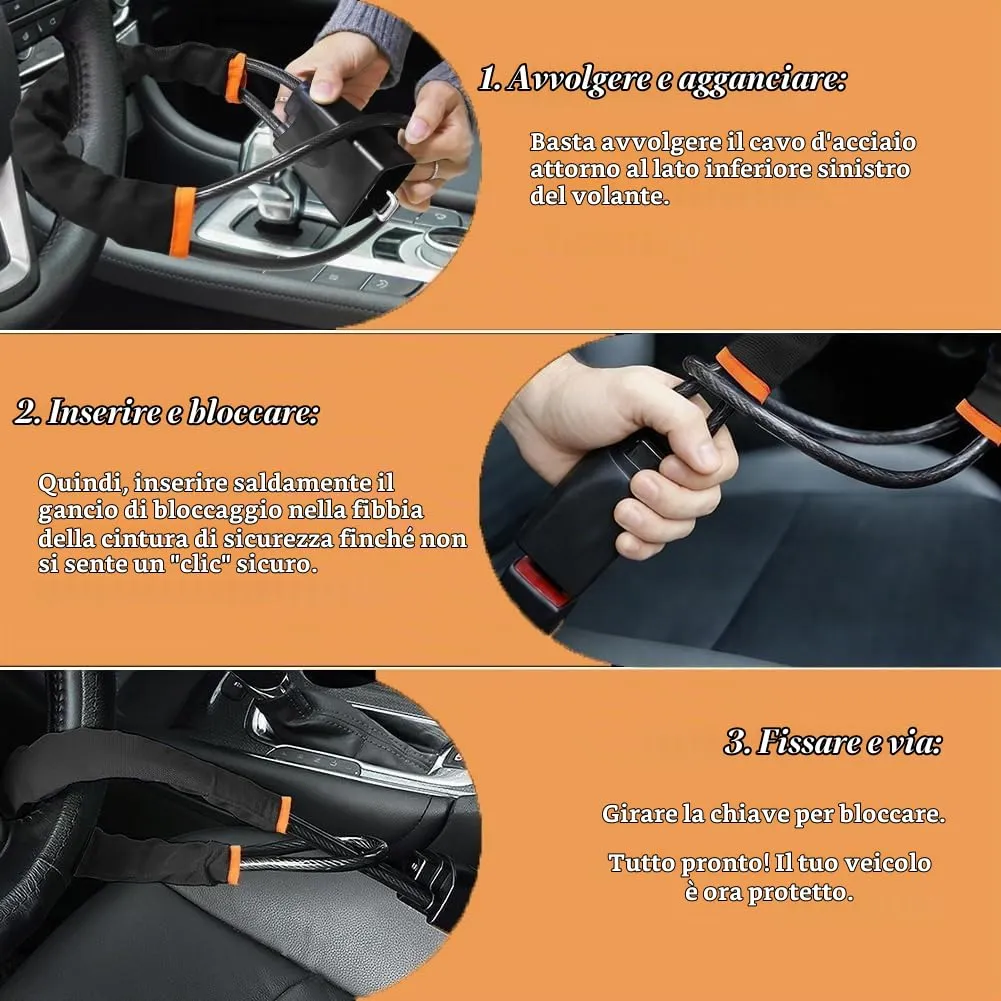 Neuytiky Bloccasterzo Auto Antifurto con Doppia Sicurezza, Cavo in Acciaio Rinforzato, 3 Chiavi, Universale (Nero) - immagine 6