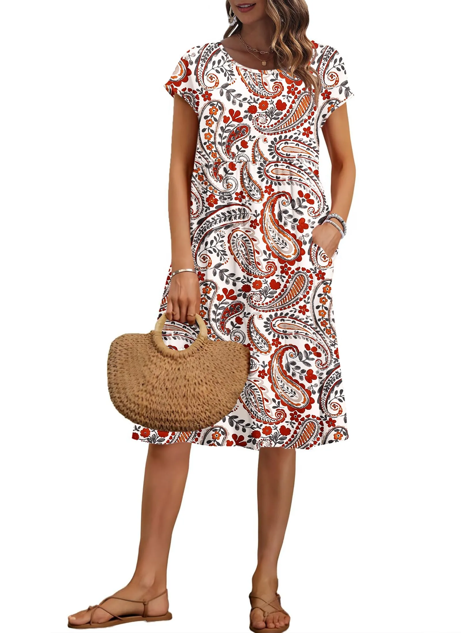 AUSELILY Vestito Estivo Donna Maniche Corte Abito al Ginocchio con Tasche - immagine 1