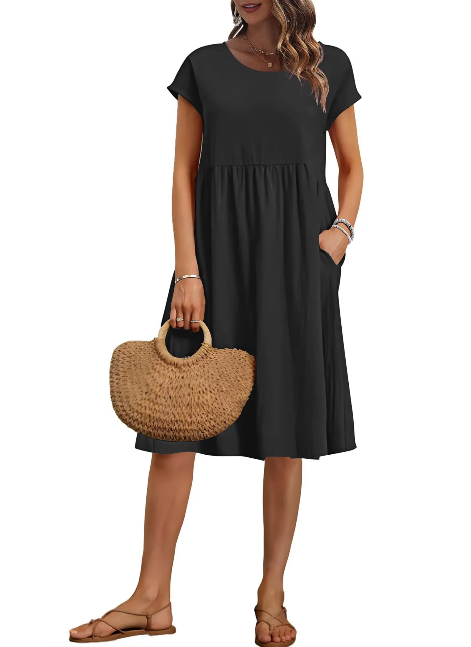 AUSELILY Vestito Estivo Donna Maniche Corte Abito al Ginocchio con Tasche - immagine 1