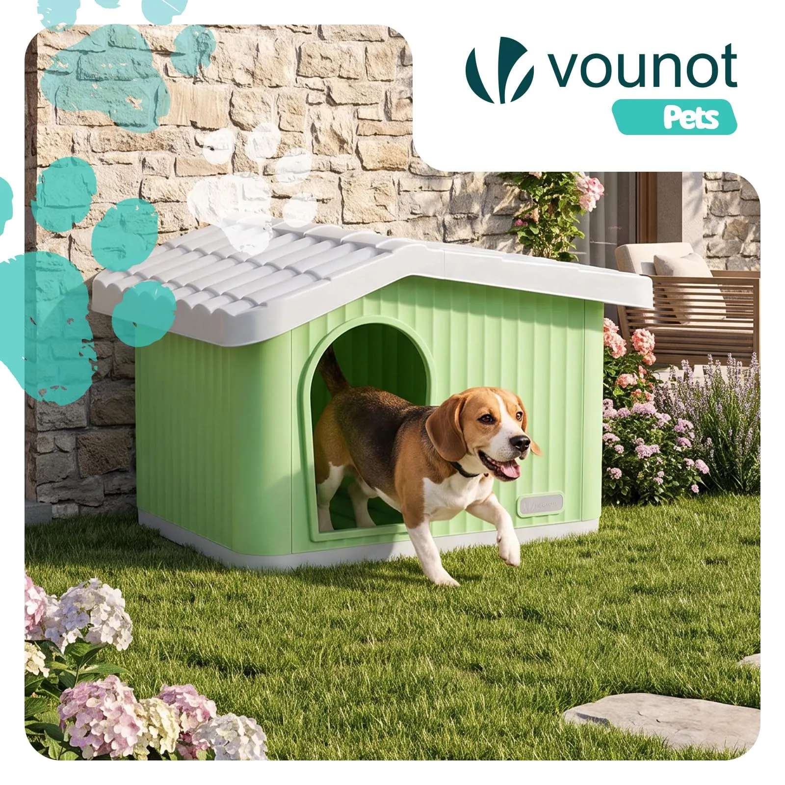VOUNOT Cuccia Impermeabile per Gatti e Cani con Tetto Inclinato, 60x51x41 cm, Verde - immagine 2