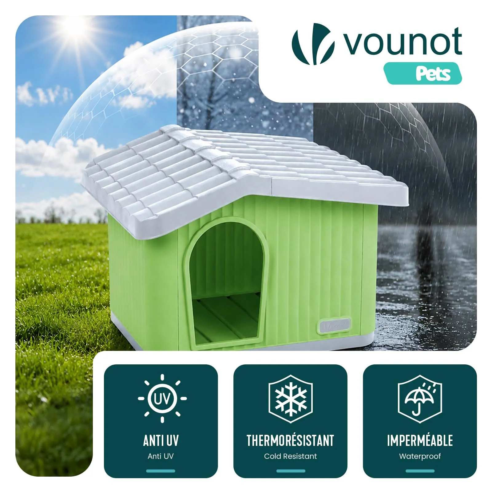 VOUNOT Cuccia Impermeabile per Gatti e Cani con Tetto Inclinato, 60x51x41 cm, Verde - immagine 4