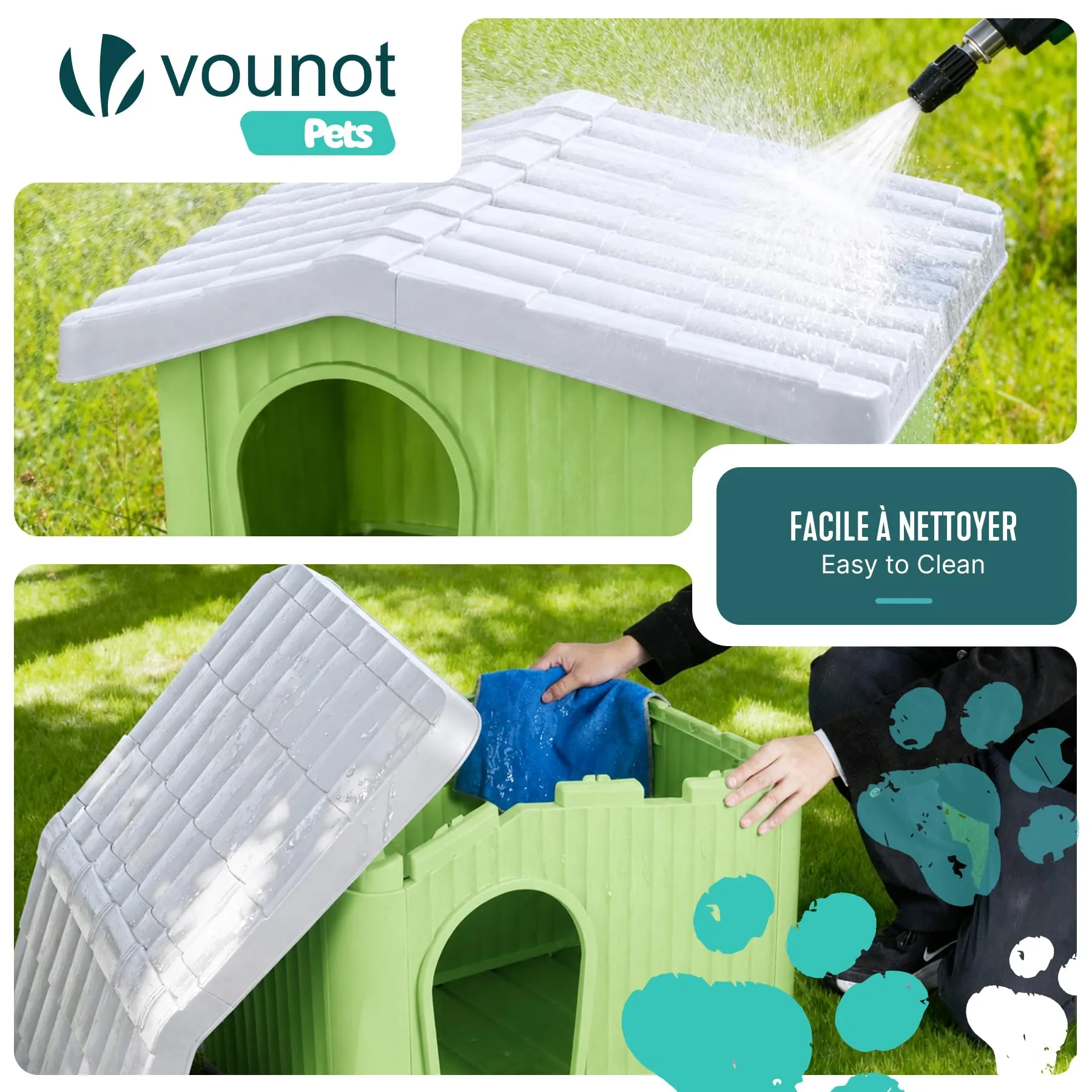 VOUNOT Cuccia Impermeabile per Gatti e Cani con Tetto Inclinato, 60x51x41 cm, Verde - immagine 5