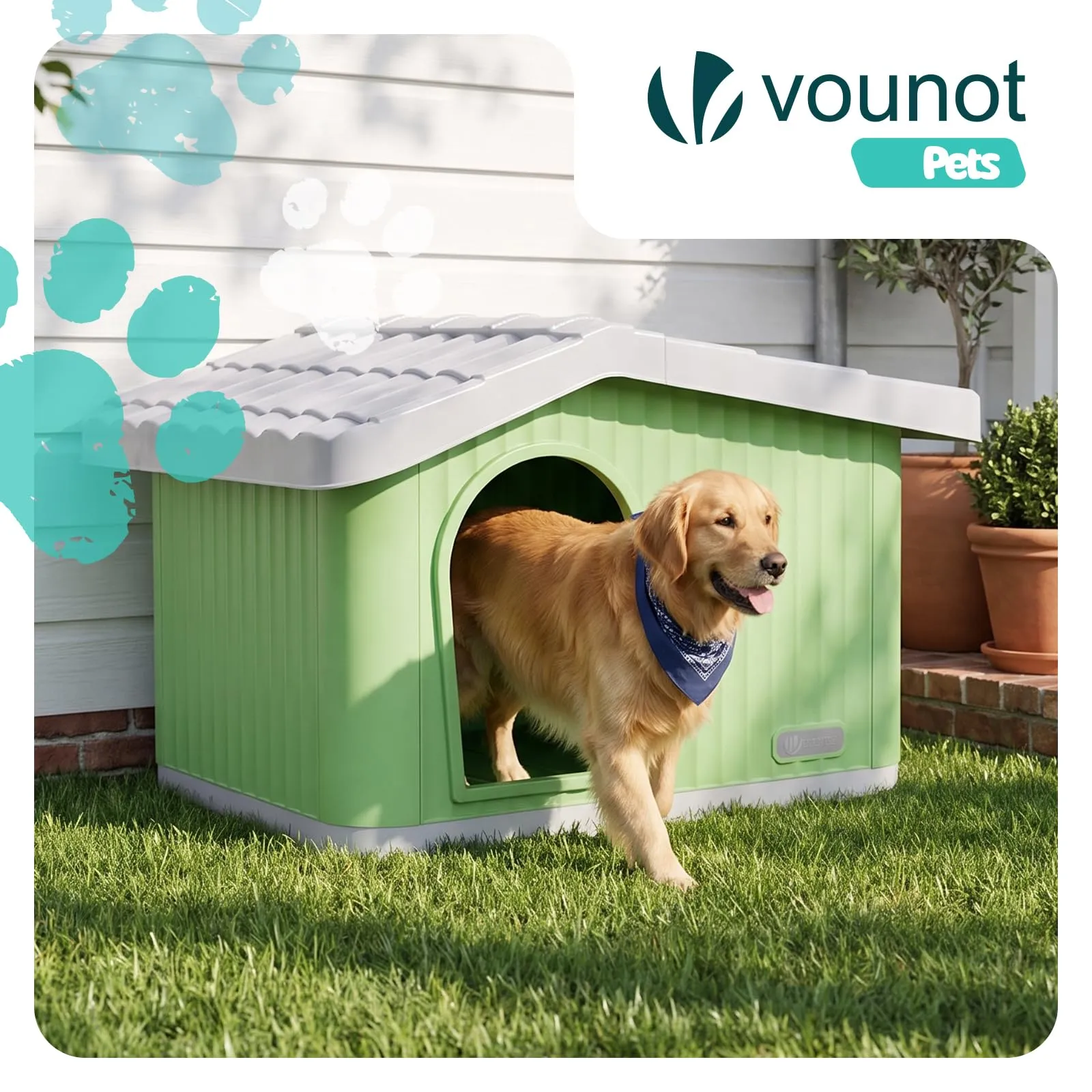 VOUNOT Cuccia Impermeabile per Gatti e Cani con Tetto Inclinato, 75x63x51 cm, Verde - immagine 2