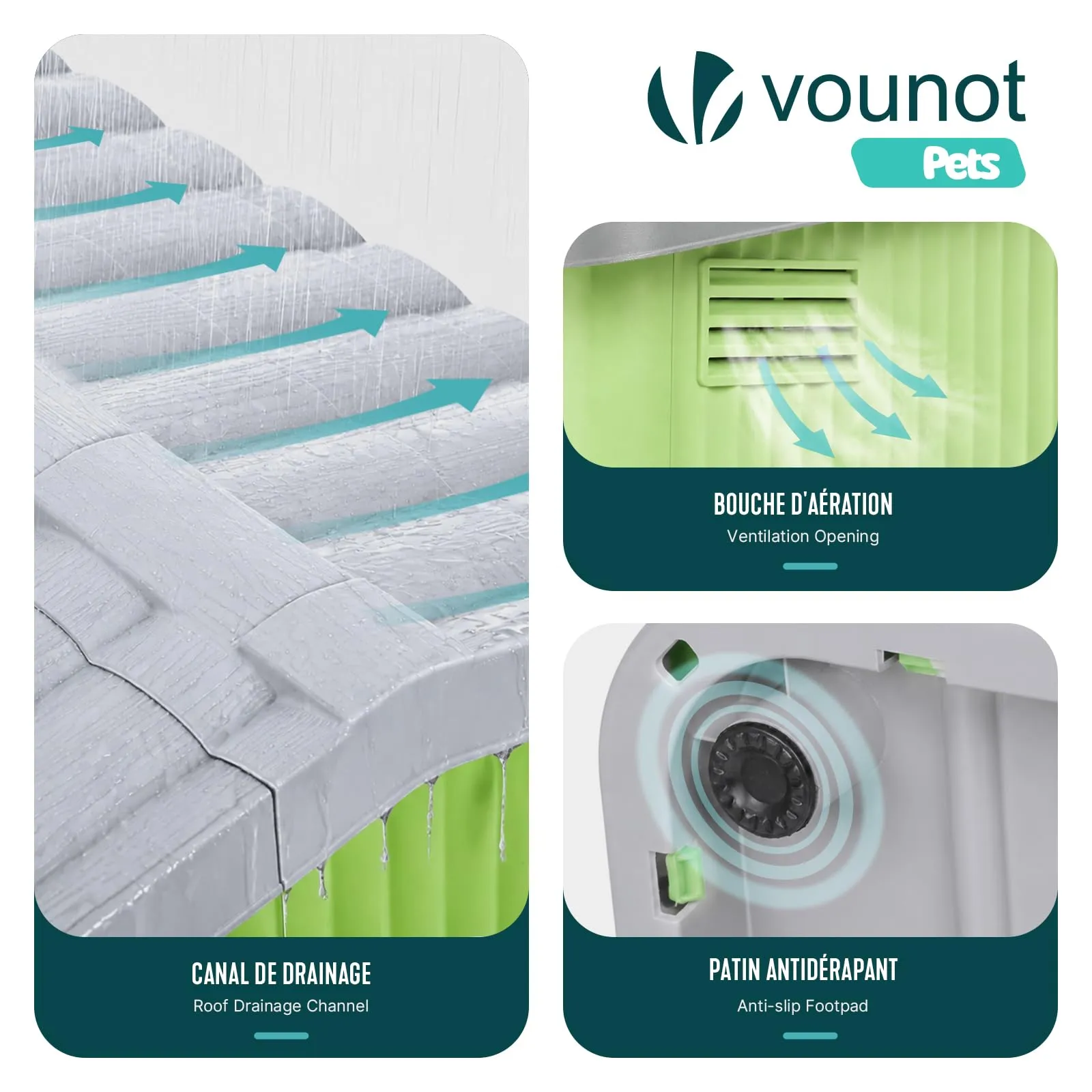 VOUNOT Cuccia Impermeabile per Gatti e Cani con Tetto Inclinato, 75x63x51 cm, Verde - immagine 6