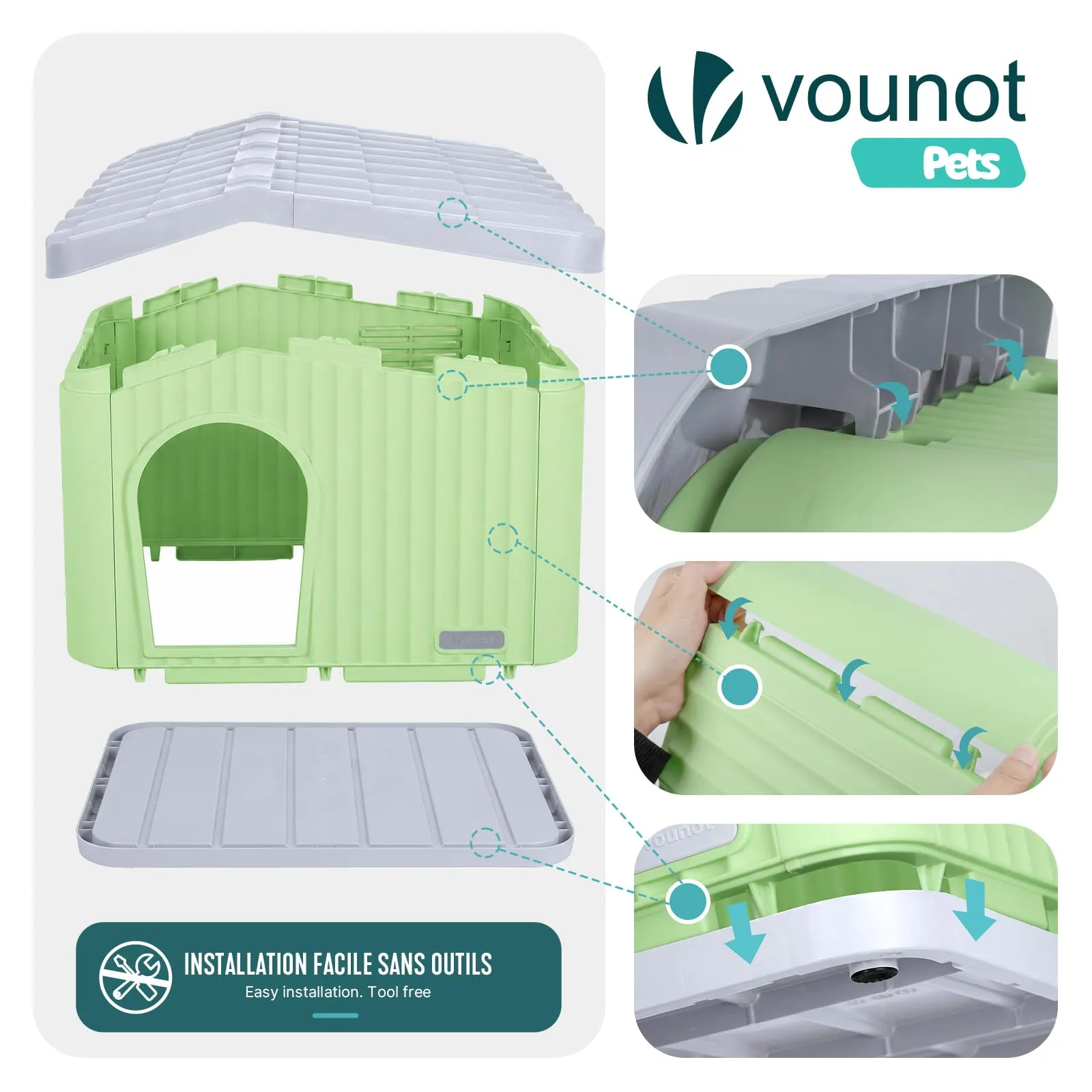 VOUNOT Cuccia Impermeabile per Gatti e Cani con Tetto Inclinato, 75x63x51 cm, Verde - immagine 7