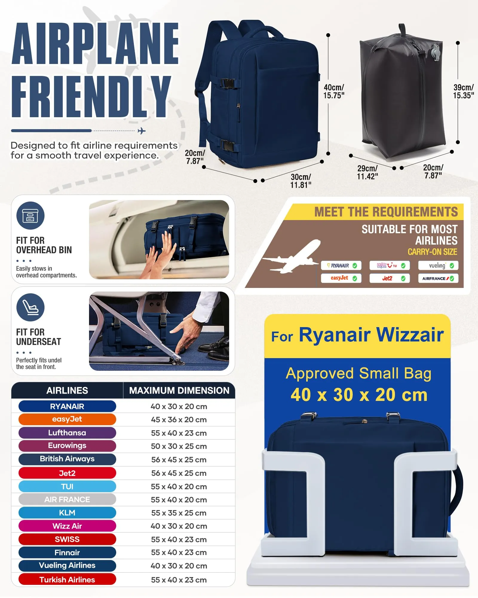 SZLX Zaino da Viaggio 40x30x20 Sottovuoto con Pompa per Ryanair Wizzair Vueling, Impermeabile con Scomparto Scarpe e Laptop 14 Pollici - immagine 4