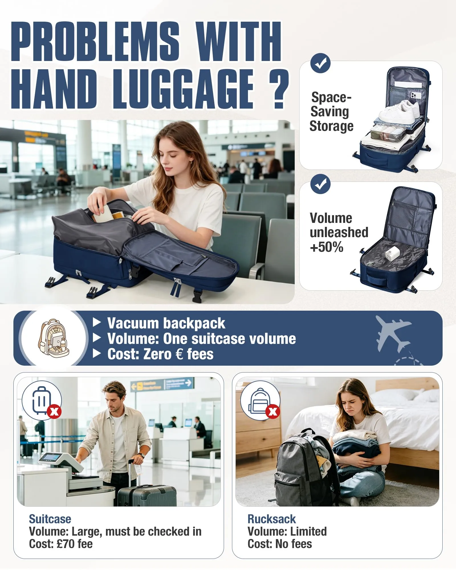 SZLX Zaino da Viaggio 40x30x20 Sottovuoto con Pompa per Ryanair Wizzair Vueling, Impermeabile con Scomparto Scarpe e Laptop 14 Pollici - immagine 7