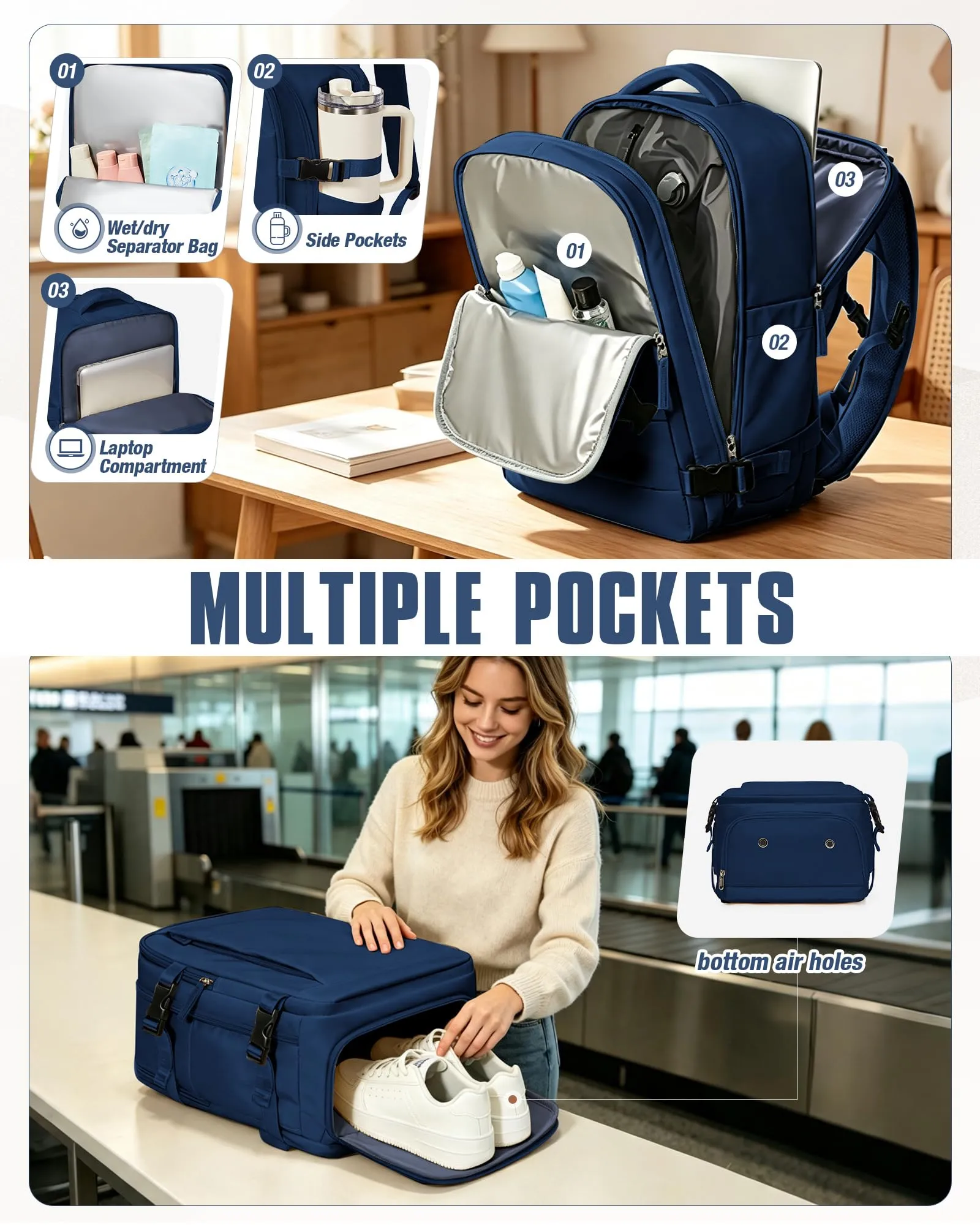 SZLX Zaino da Viaggio 40x30x20 Sottovuoto con Pompa per Ryanair Wizzair Vueling, Impermeabile con Scomparto Scarpe e Laptop 14 Pollici - immagine 9