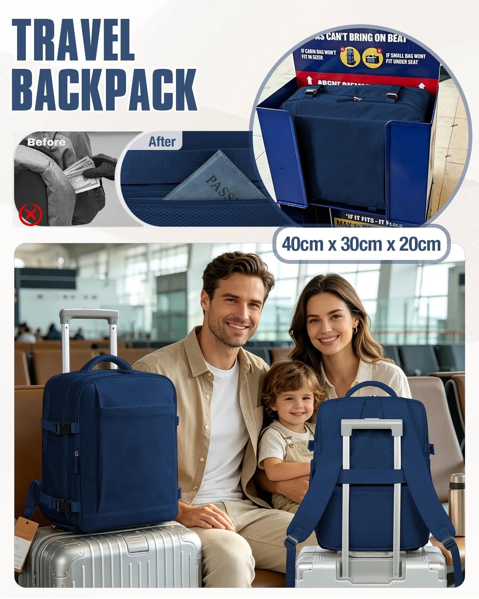 SZLX Zaino da Viaggio 40x30x20 Sottovuoto con Pompa per Ryanair Wizzair Vueling, Impermeabile con Scomparto Scarpe e Laptop 14 Pollici - immagine 10