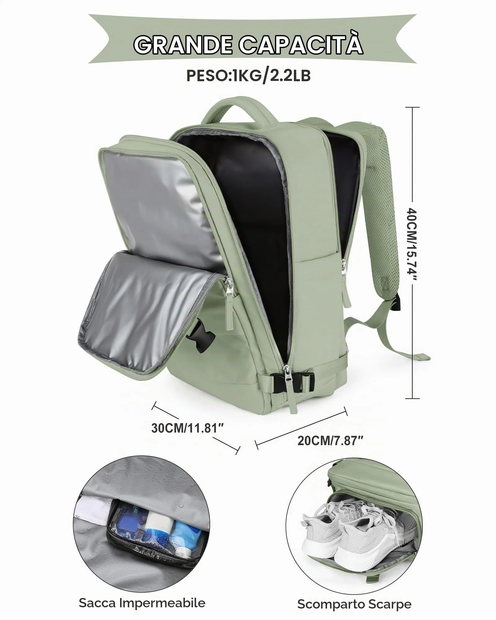 SZLX Zaino da Viaggio 40x30x20 Ryanair Wizzair Impermeabile con Scomparto per Scarpe e Laptop 14 Pollici - immagine 3
