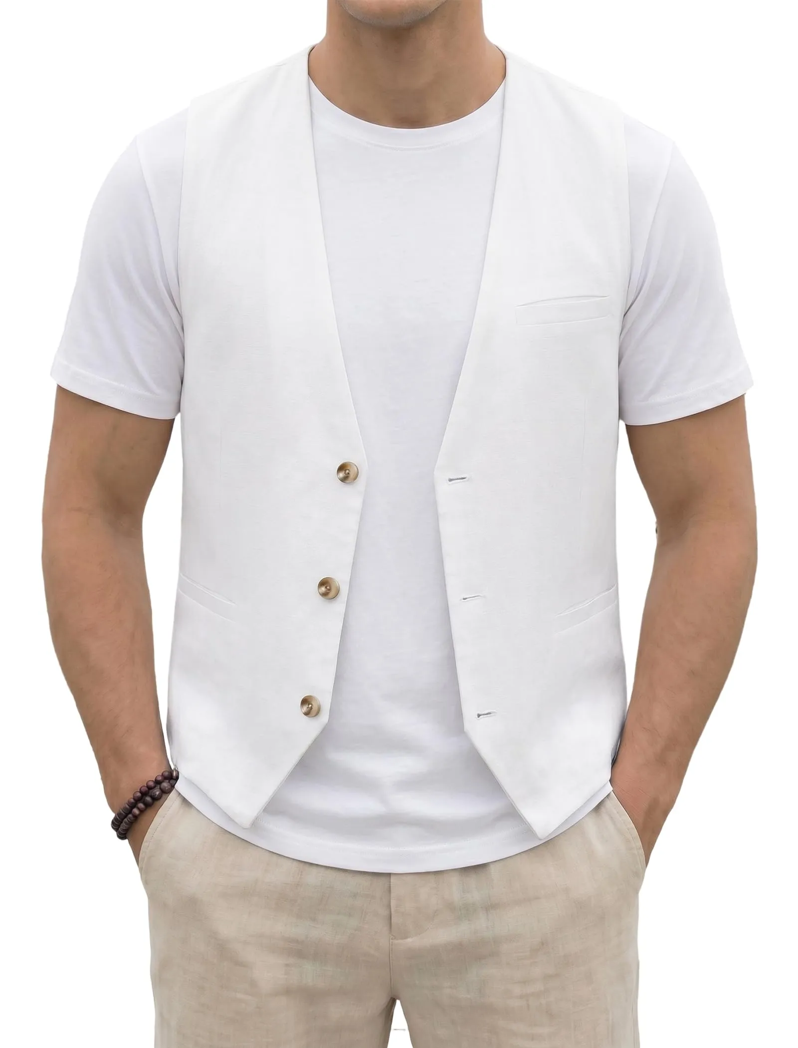 HISDERN Gilet estivo da uomo in cotone e lino con tasche, Bianco, 3XL - immagine 9