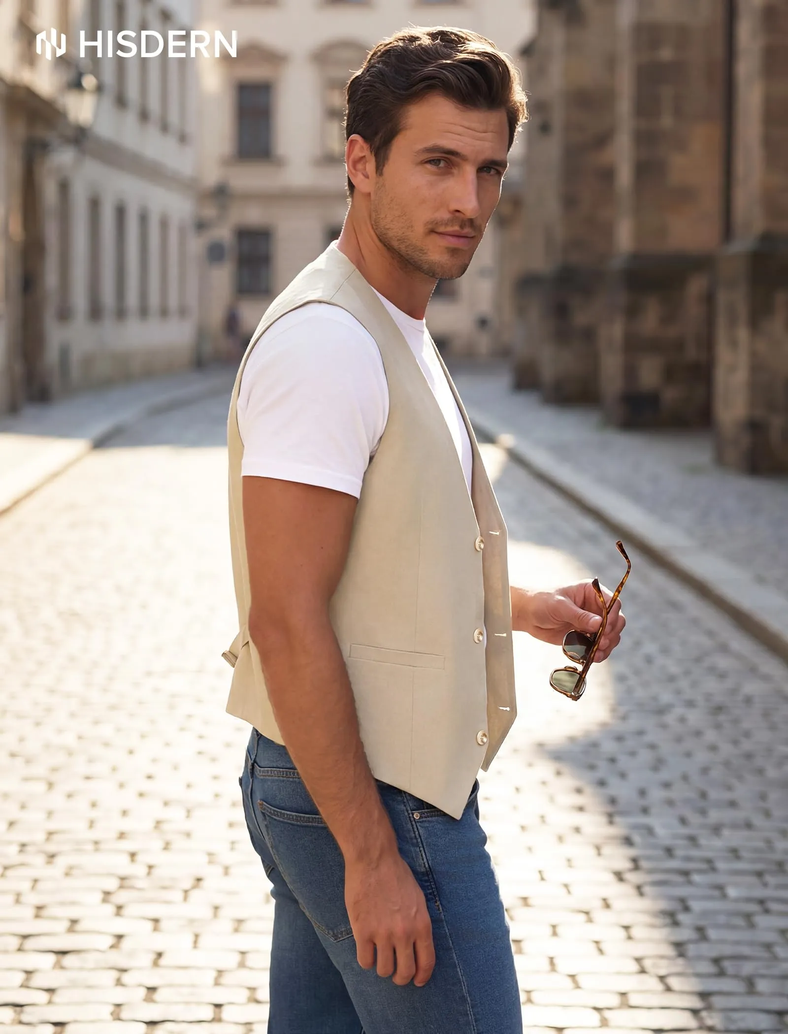 HISDERN Gilet estivo da uomo in cotone e lino, Champagne, 3XL - immagine 8