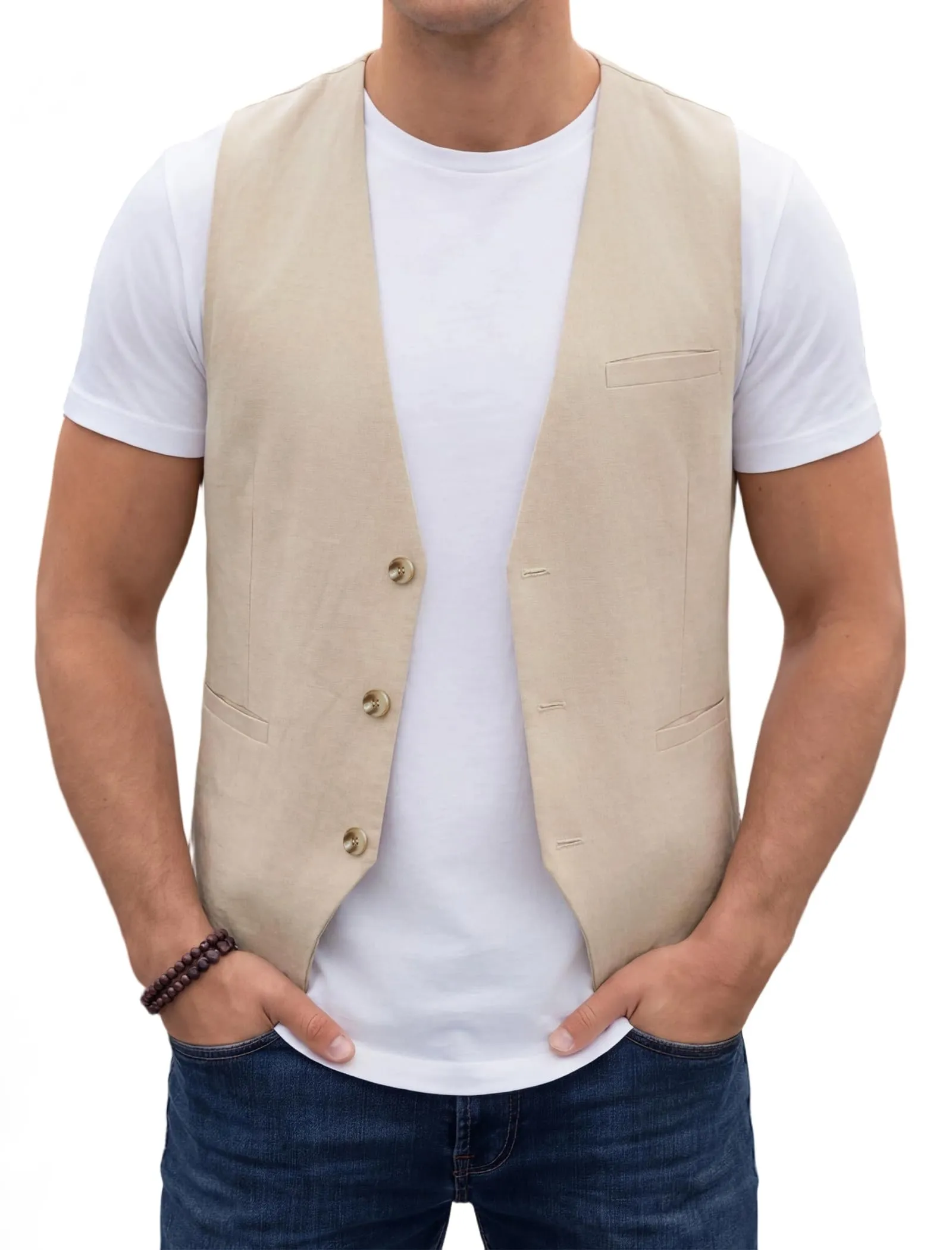 HISDERN Gilet estivo da uomo in cotone e lino, Champagne, 3XL - immagine 9