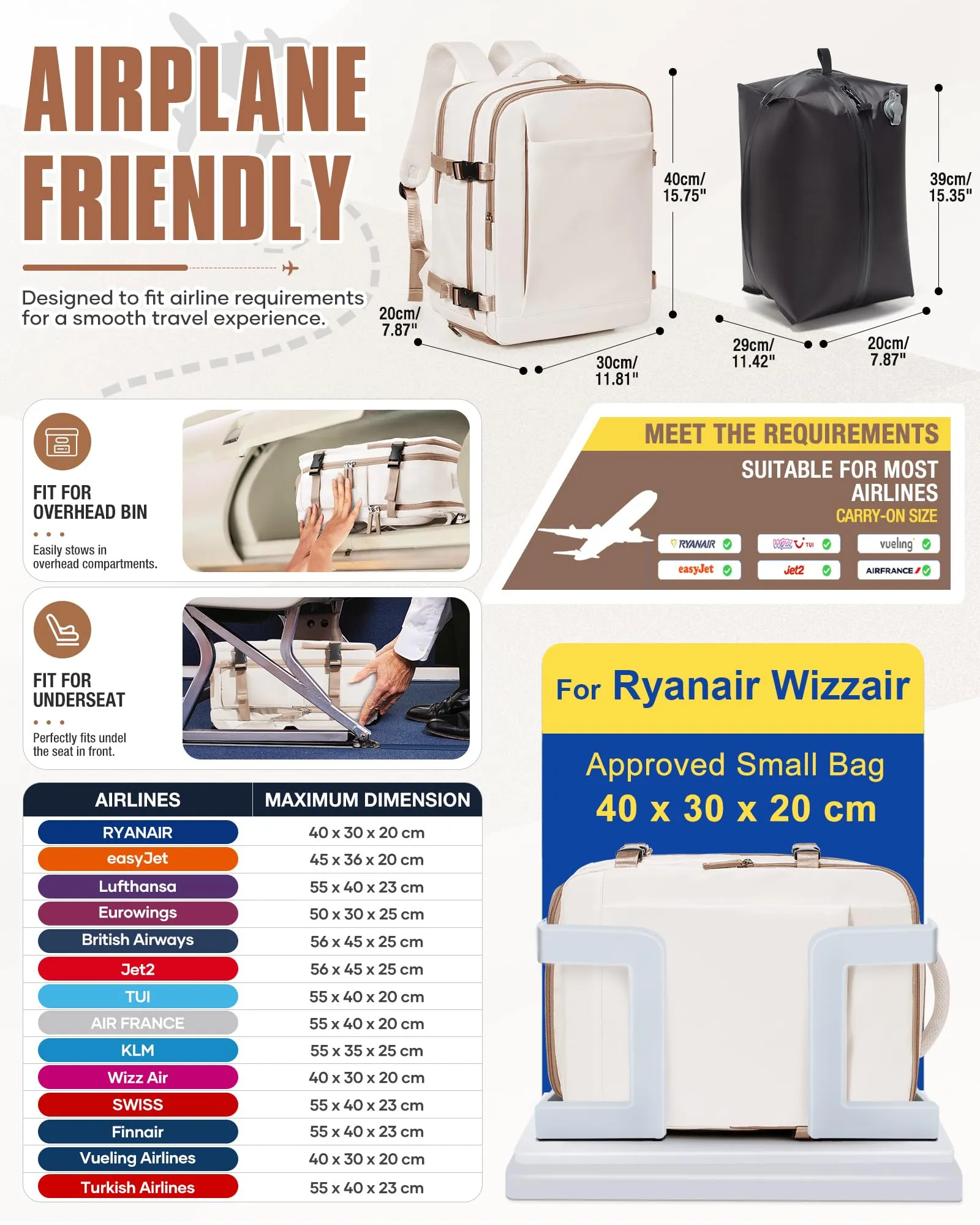 SZLX Zaino da Viaggio Sottovuoto con Pompa 40x30x20cm per Ryanair Wizzair Vueling, Impermeabile con Scomparto Scarpe e Laptop 14 Pollici - immagine 4