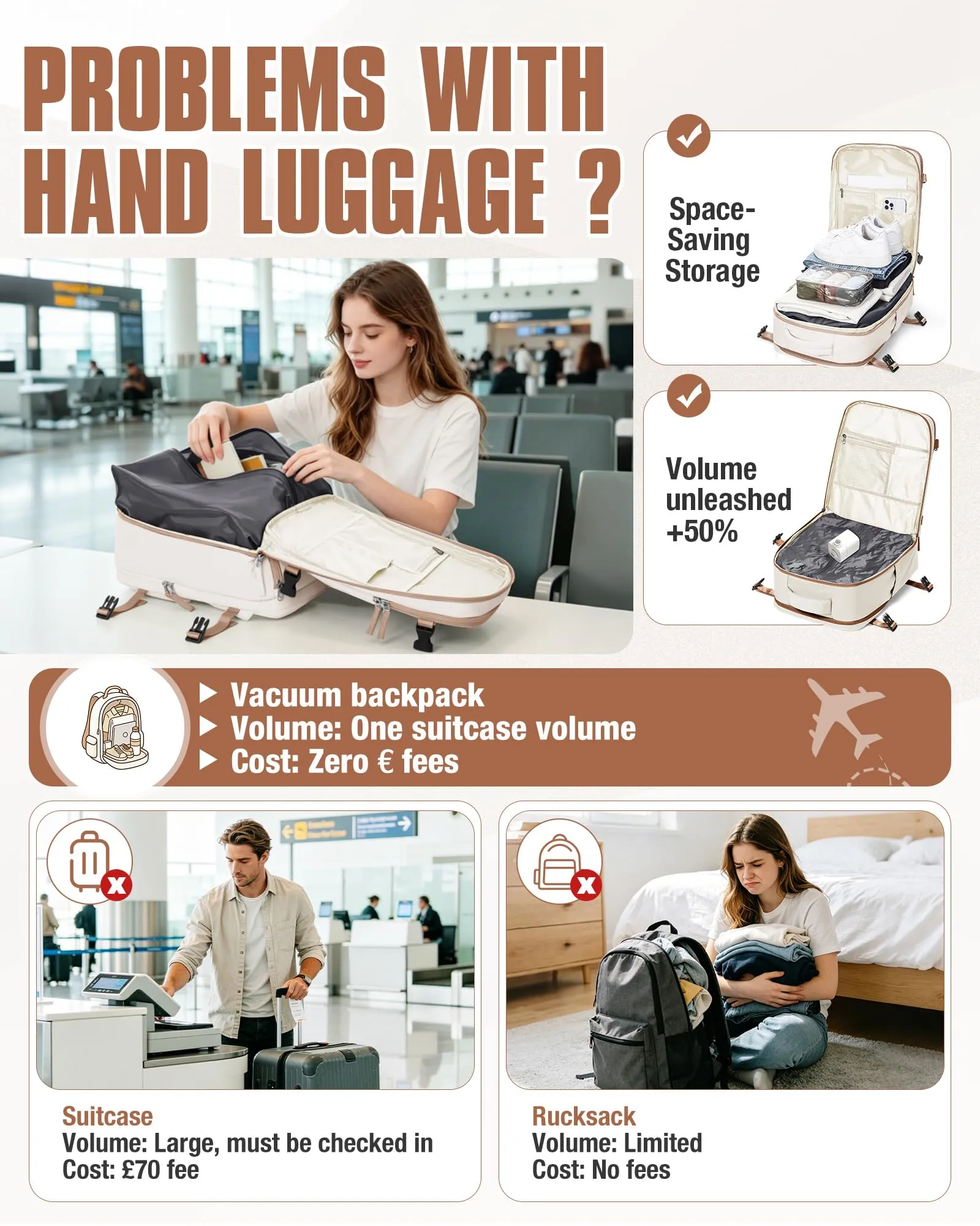 SZLX Zaino da Viaggio Sottovuoto con Pompa 40x30x20cm per Ryanair Wizzair Vueling, Impermeabile con Scomparto Scarpe e Laptop 14 Pollici - immagine 6