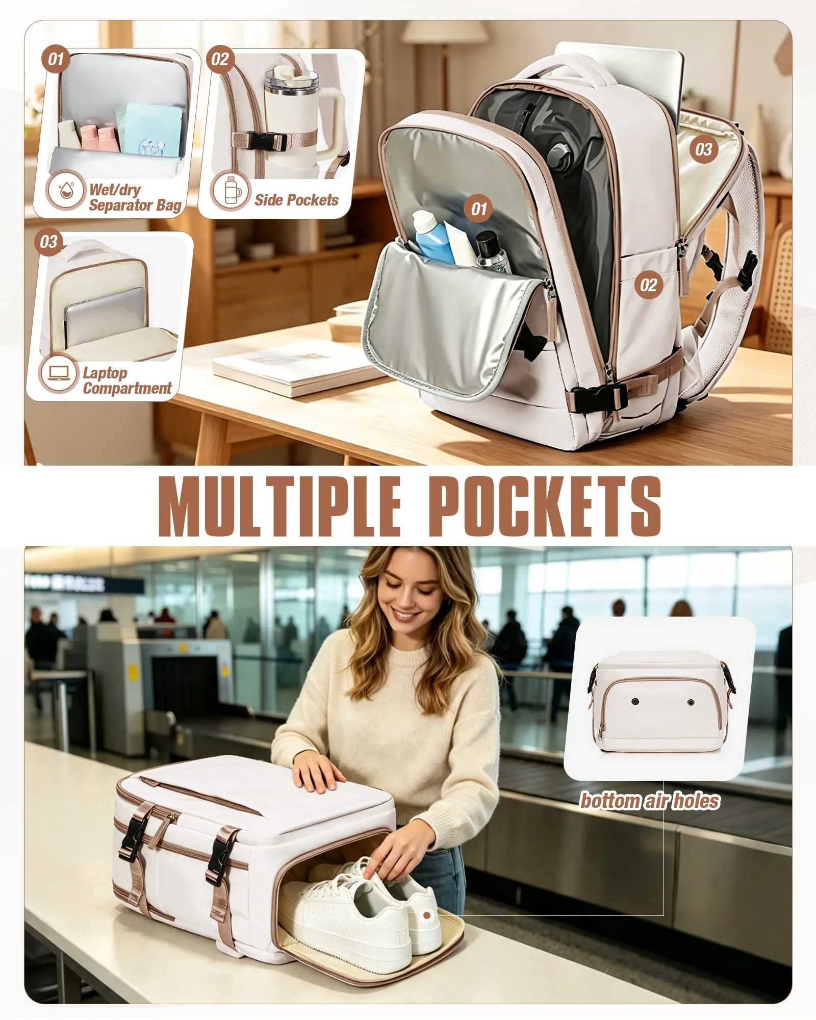 SZLX Zaino da Viaggio Sottovuoto con Pompa 40x30x20cm per Ryanair Wizzair Vueling, Impermeabile con Scomparto Scarpe e Laptop 14 Pollici - immagine 8