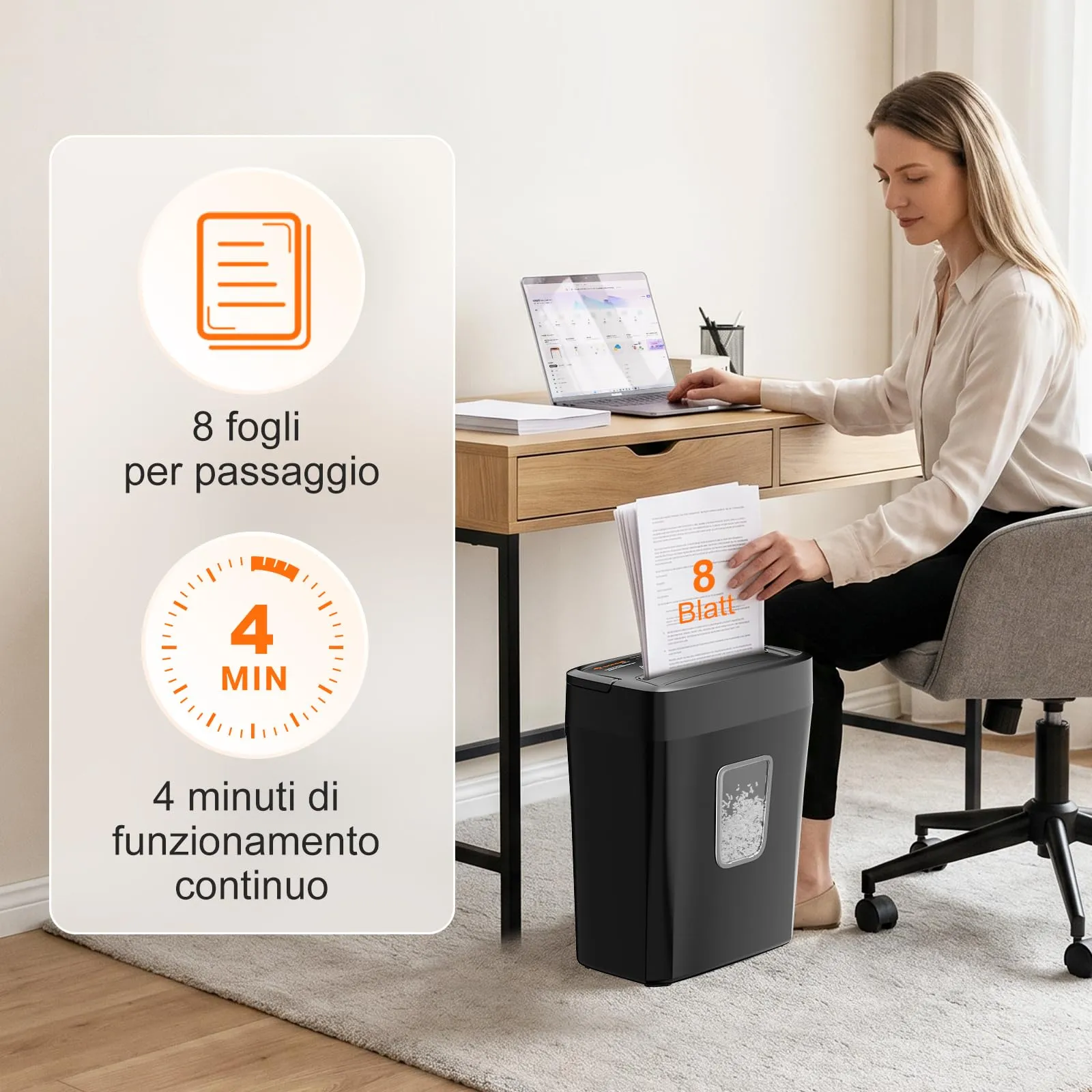 Bonsaii Distruggidocumenti P4 Tritacarta Taglio a Frammenti 8 Fogli, C261-C - immagine 3