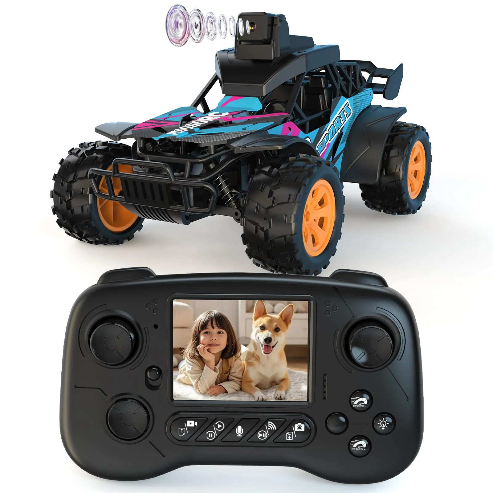 pisosorc Auto RC Fuoristrada con Telecamera FPV, Schermo 2.8'', Controllo App/Radio 2.4GHz, 2 Velocità - immagine 1