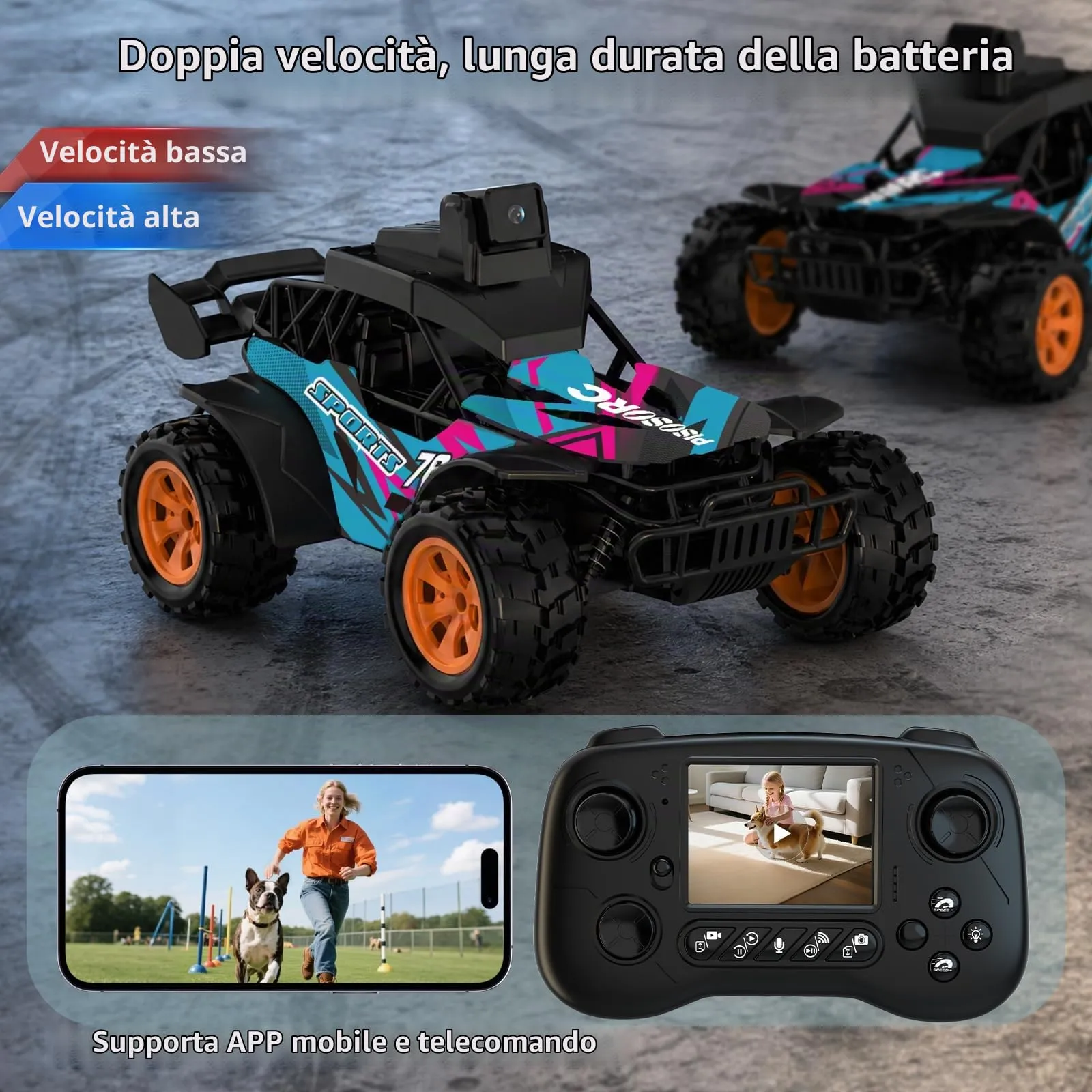 pisosorc Auto RC Fuoristrada con Telecamera FPV, Schermo 2.8'', Controllo App/Radio 2.4GHz, 2 Velocità - immagine 6