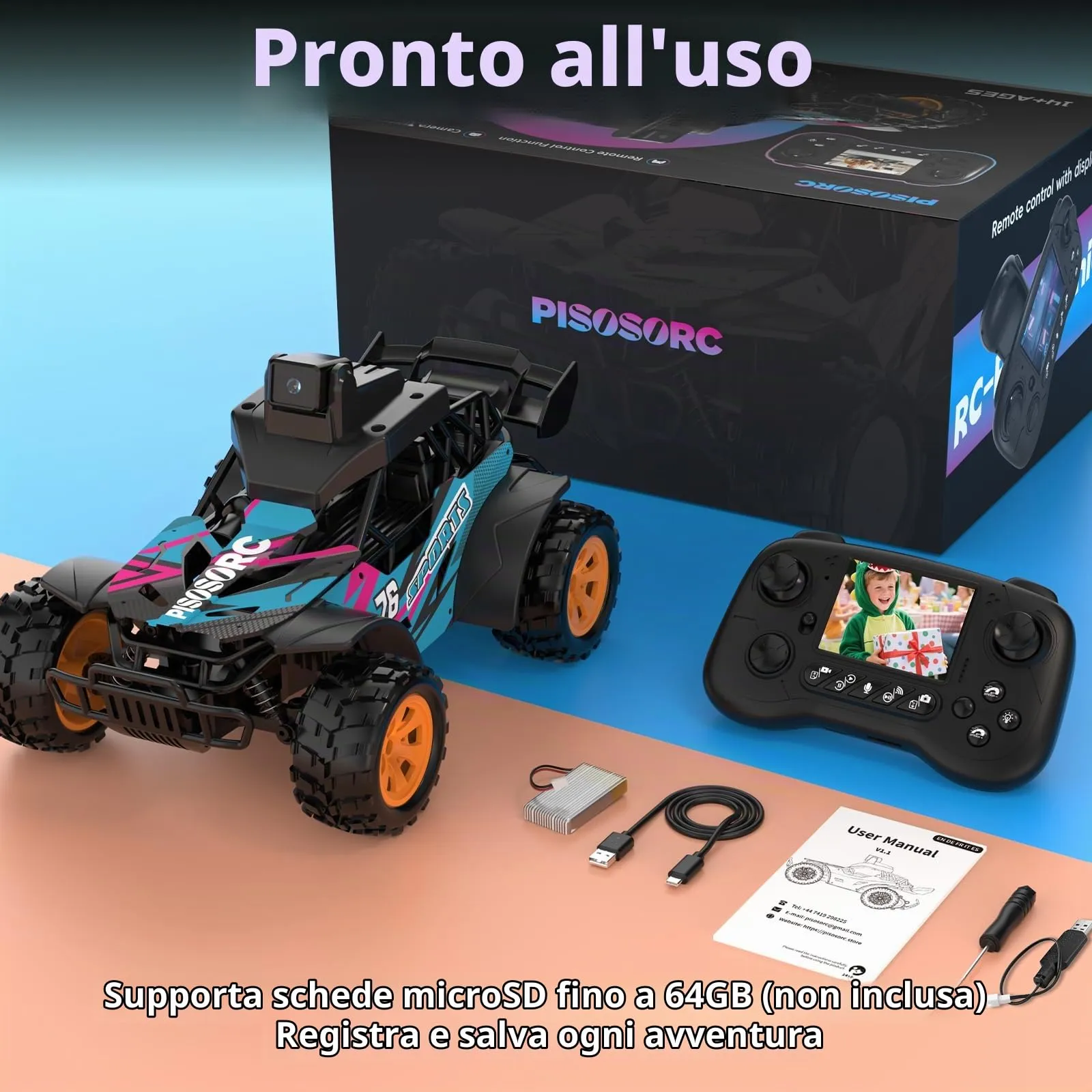 pisosorc Auto RC Fuoristrada con Telecamera FPV, Schermo 2.8'', Controllo App/Radio 2.4GHz, 2 Velocità - immagine 9