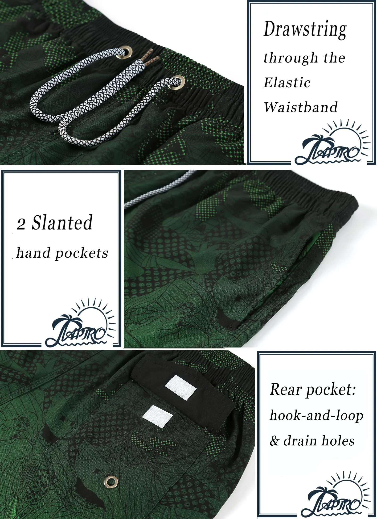 APTRO Costume da bagno da uomo lungo con slip interno, Verde, XXL - immagine 4