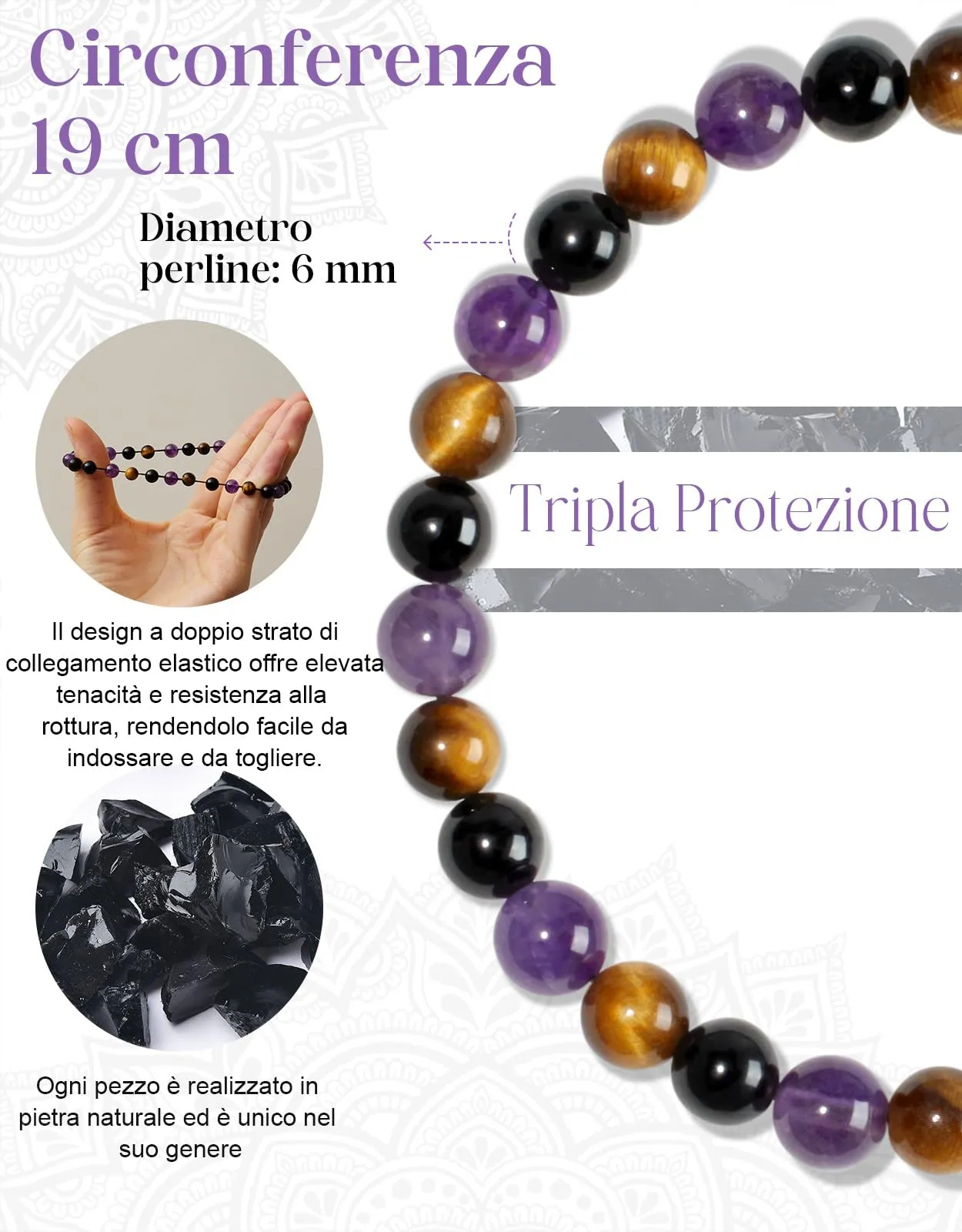 Landorilo Bracciale in Pietra Naturale 6 mm, Tripla Protezione 2, 19 cm - immagine 3