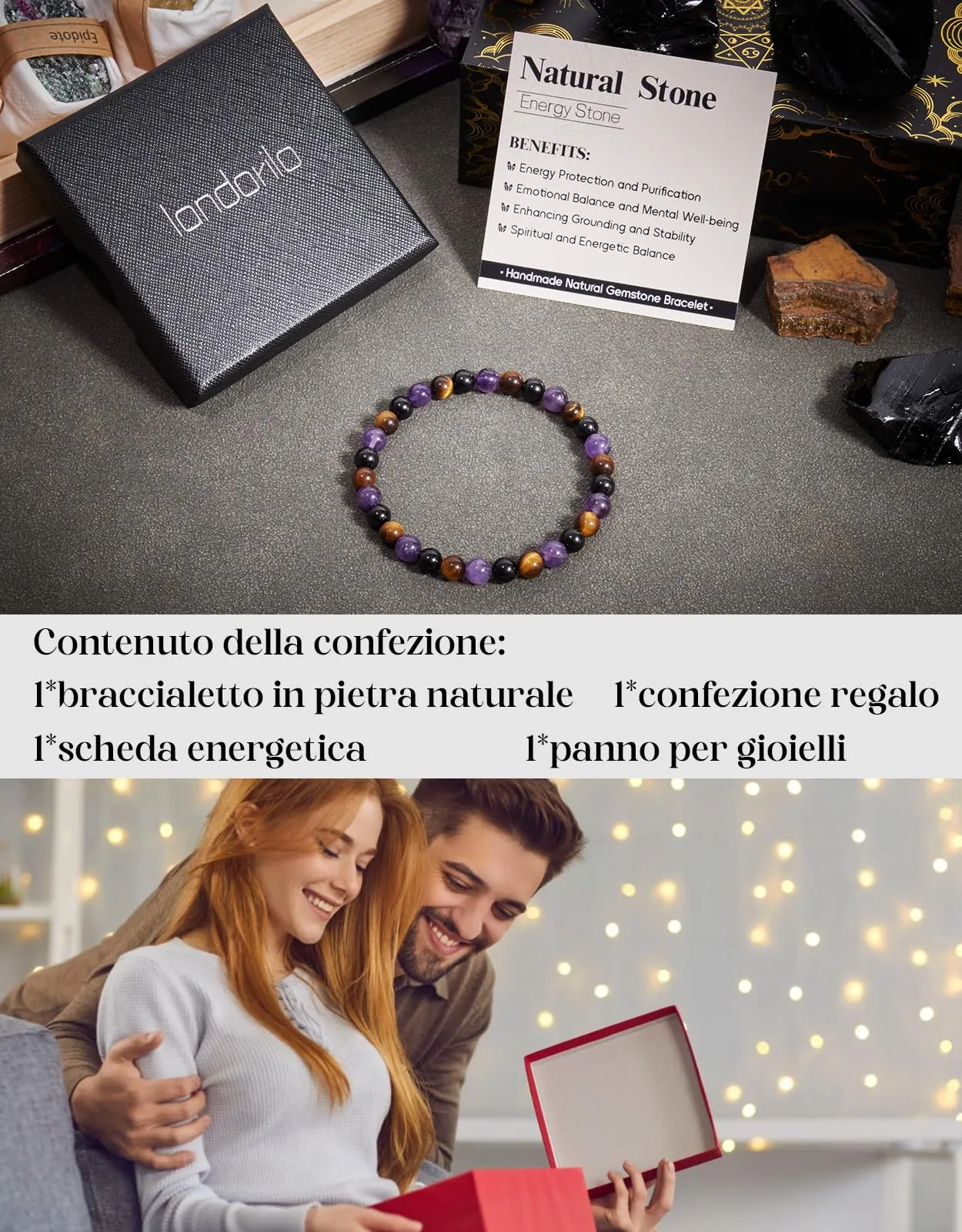 Landorilo Bracciale in Pietra Naturale 6 mm, Tripla Protezione 2, 19 cm - immagine 4