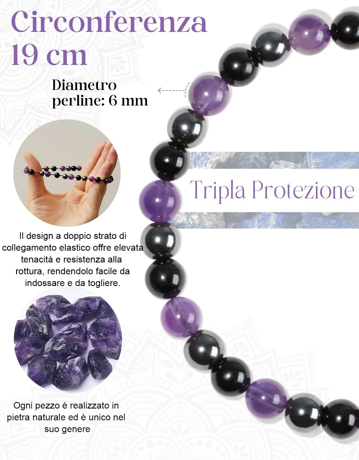 Landorilo Bracciale in Pietra Naturale 6 mm, Tripla Protezione 3, 19 cm - immagine 3