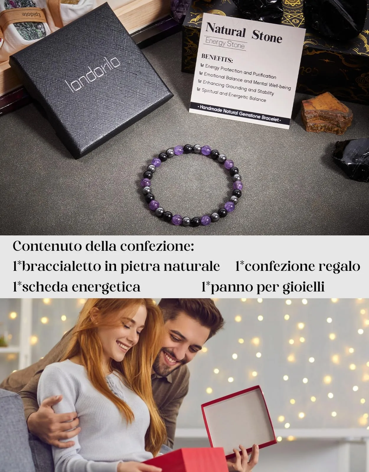 Landorilo Bracciale in Pietra Naturale 6 mm, Tripla Protezione 3, 19 cm - immagine 4