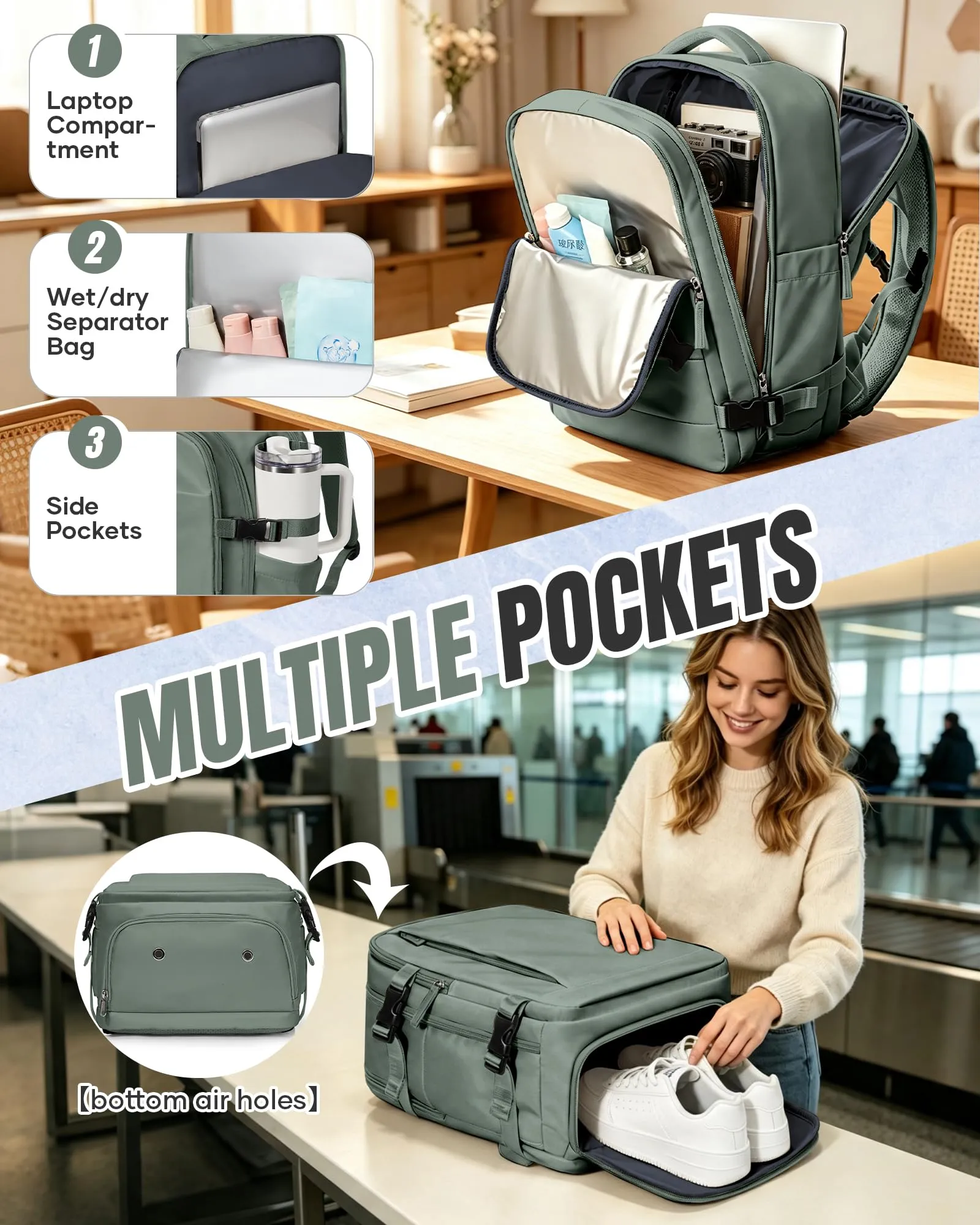 SZLX Zaino da Viaggio 40x30x20 per Ryanair Wizzair Vueling, Impermeabile con Scomparto Scarpe e Tasca per Laptop 14 Pollici - immagine 7