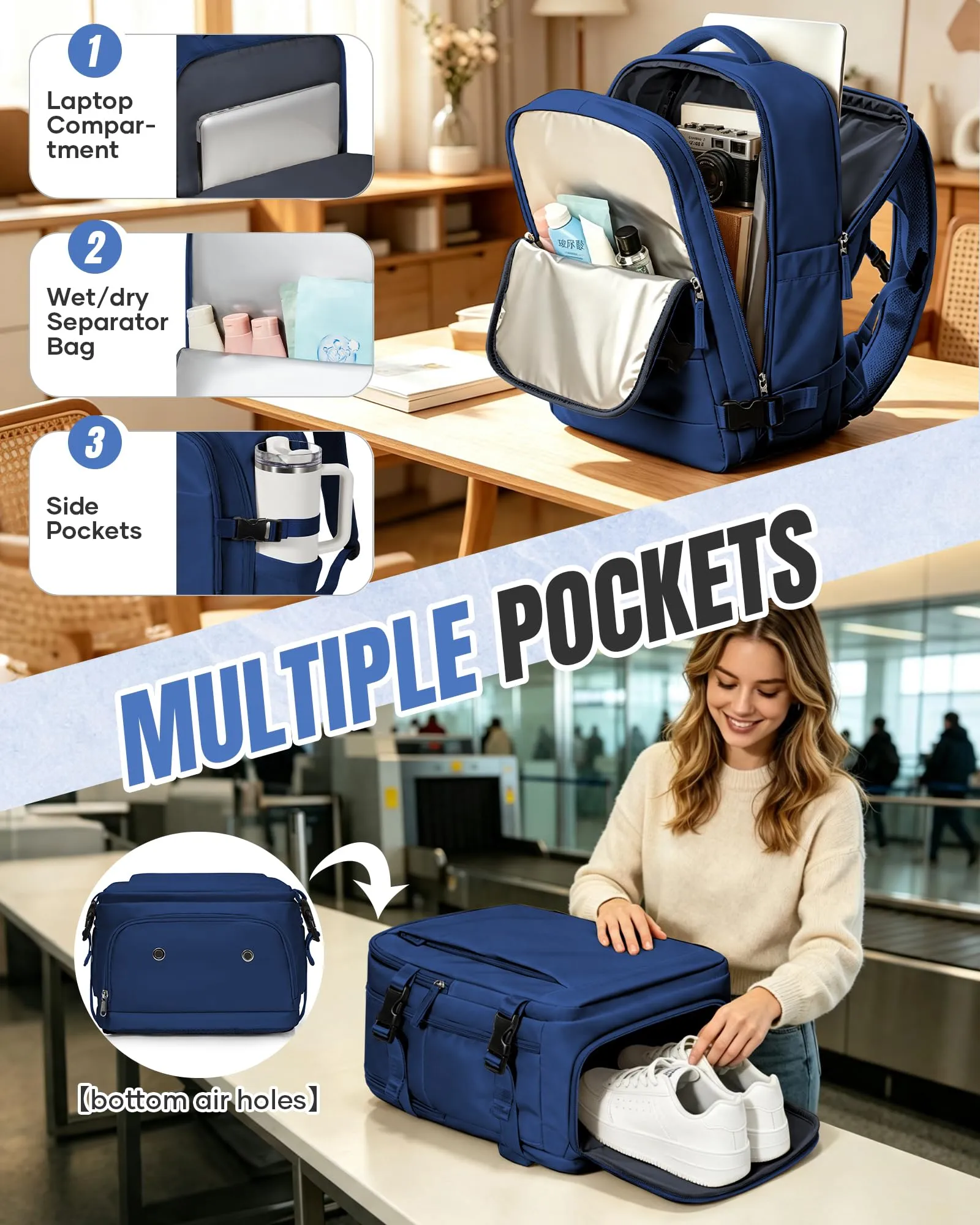 SZLX Zaino da Viaggio 40x30x20 Sottovuoto con Pompa per Ryanair Wizzair Vueling, Impermeabile per Laptop 14 Pollici con Scomparto Scarpe - immagine 7